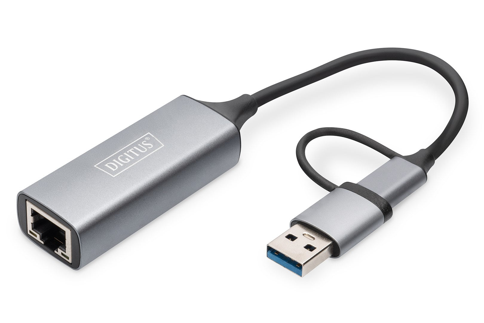 Ein grauer DIGITUS USB-zu-Ethernet-Adapter mit einem blauen USB-Anschluss und einem Ethernet-Port auf weißem Grund.