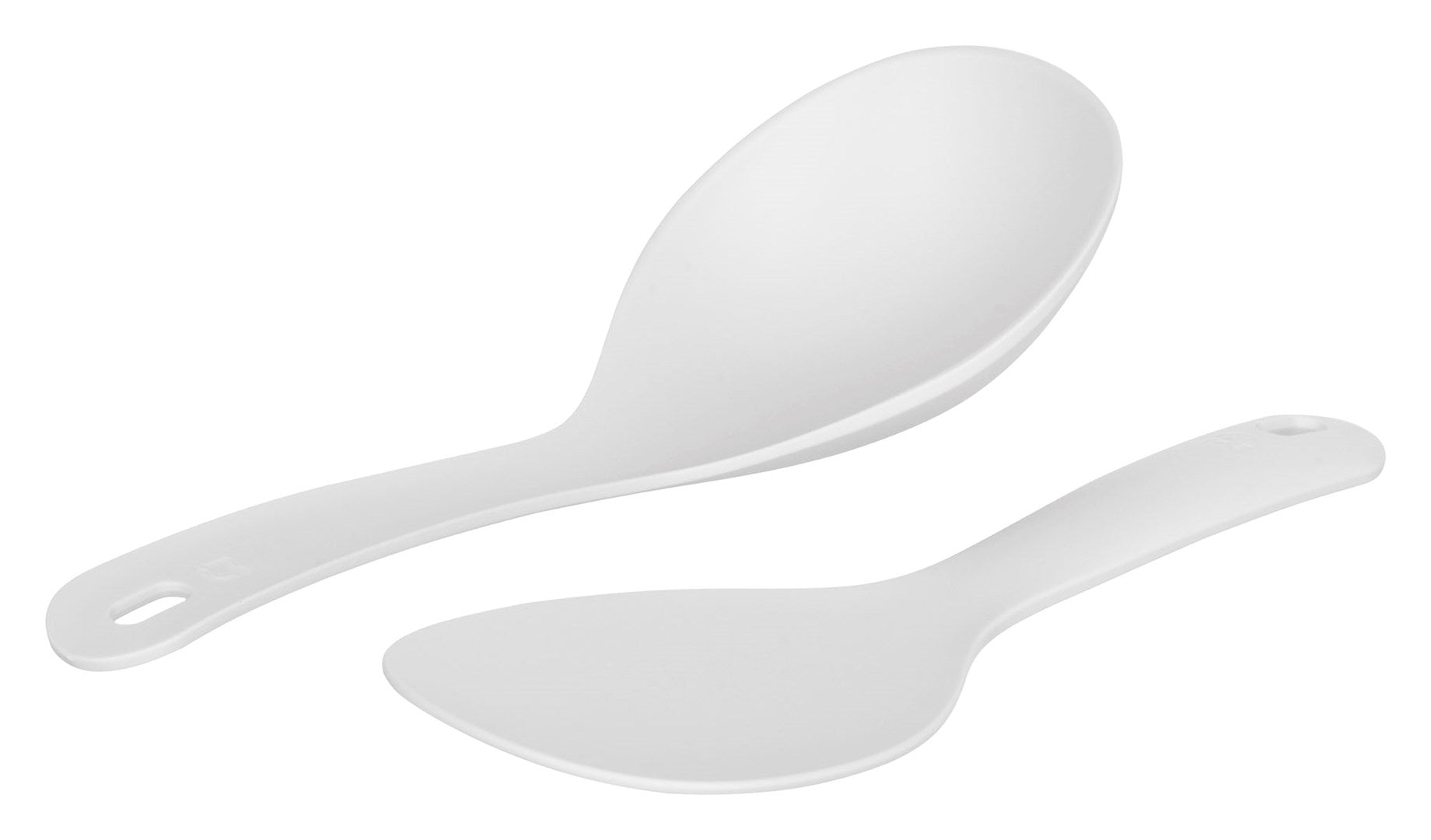 Dos cucharas de plástico blancas sobre un fondo blanco.