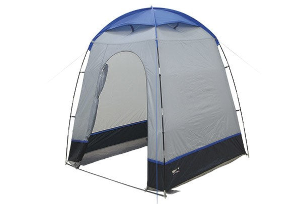 Une tente grise avec un toit bleu et une base noire sur fond blanc.
