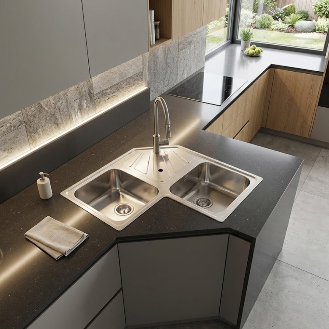 Cucina moderna con lavello angolare in acciaio inox, piano di lavoro scuro e dettagli in legno vicino a una finestra.