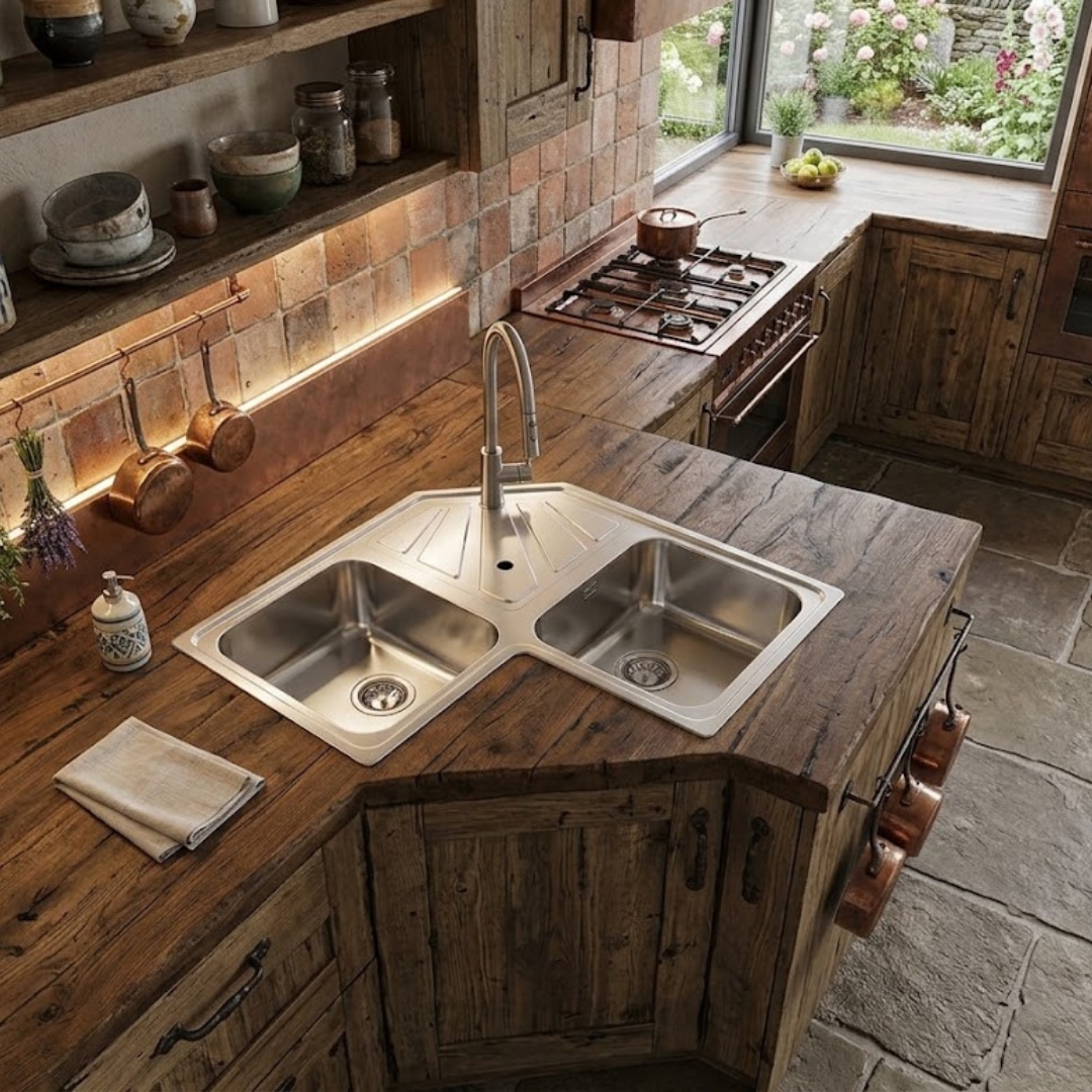 Cucina in legno rustico con lavello angolare in acciaio inox e vista sul giardino.