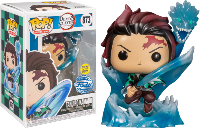 Figura Funko Pop Tanjiro Kamado z niebieska podstawa wodna i pudelkiem.
