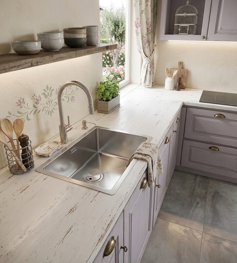 Una cucina rustica con lavello in acciaio inox, ripiani in legno chiaro e mobili viola tenue.