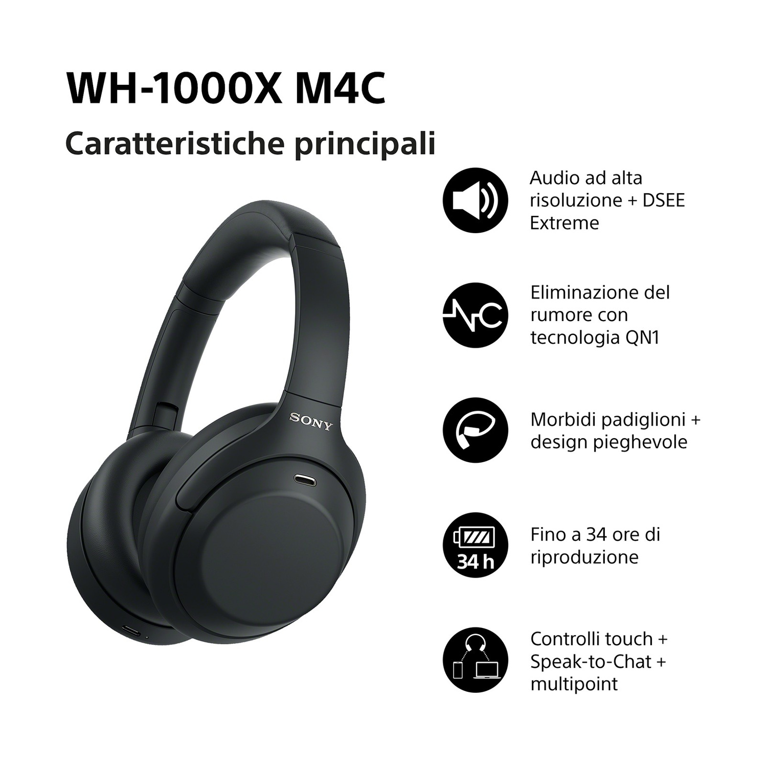Cuffie nere Sony WH-1000XM4C con icone e testo che descrivono le caratteristiche principali.