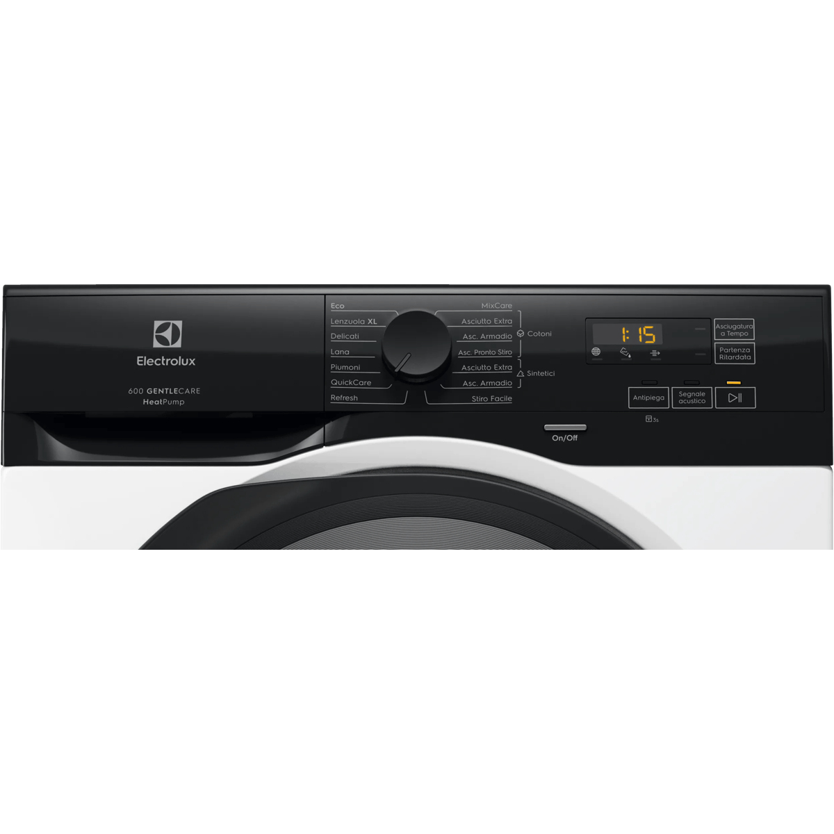 Pannello di controllo di un'asciugatrice Electrolux 600 GentleCare bianca e nera con display e manopola.