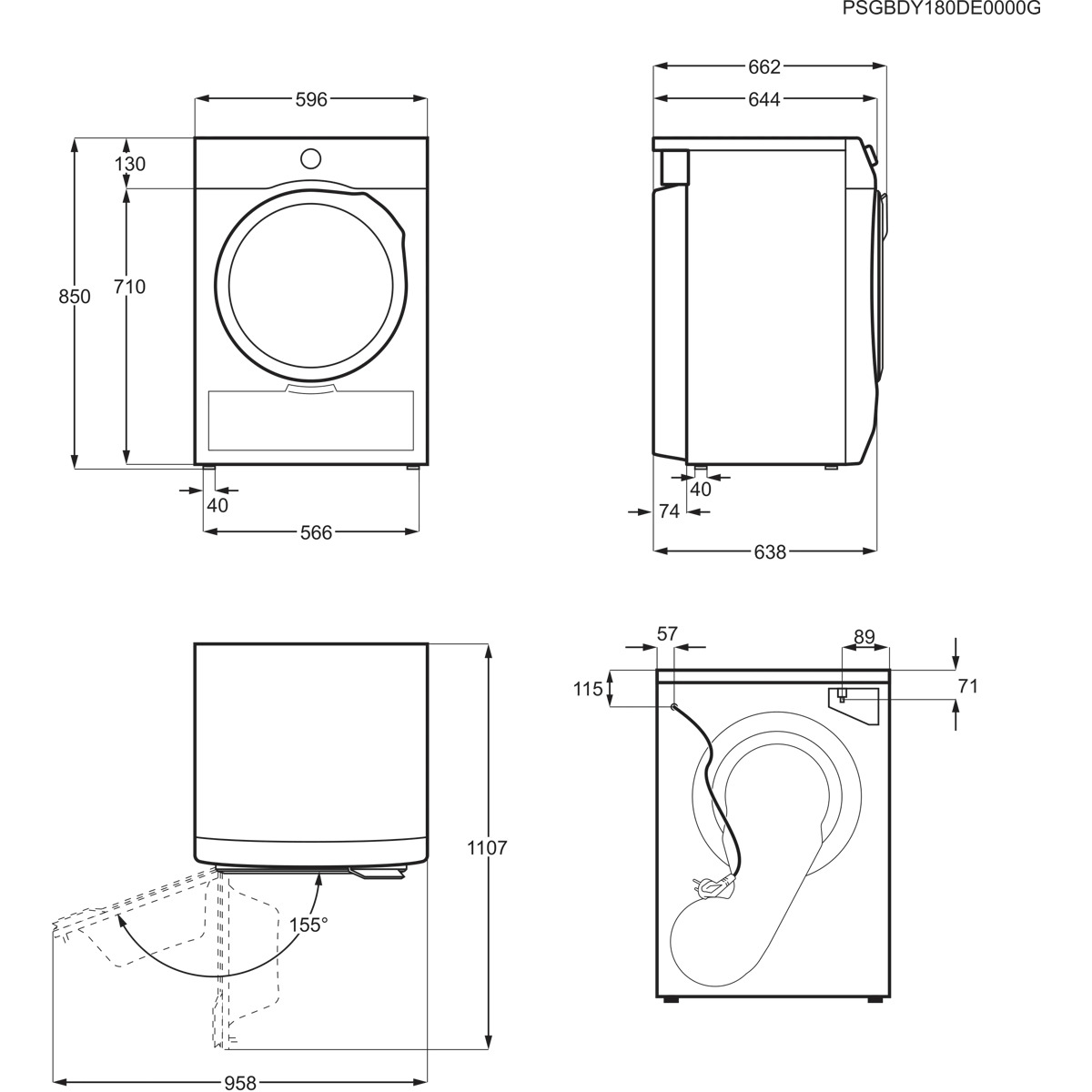 Disegno tecnico di una lavatrice che mostra viste frontali, laterali, dall'alto e posteriori con dimensioni in millimetri.