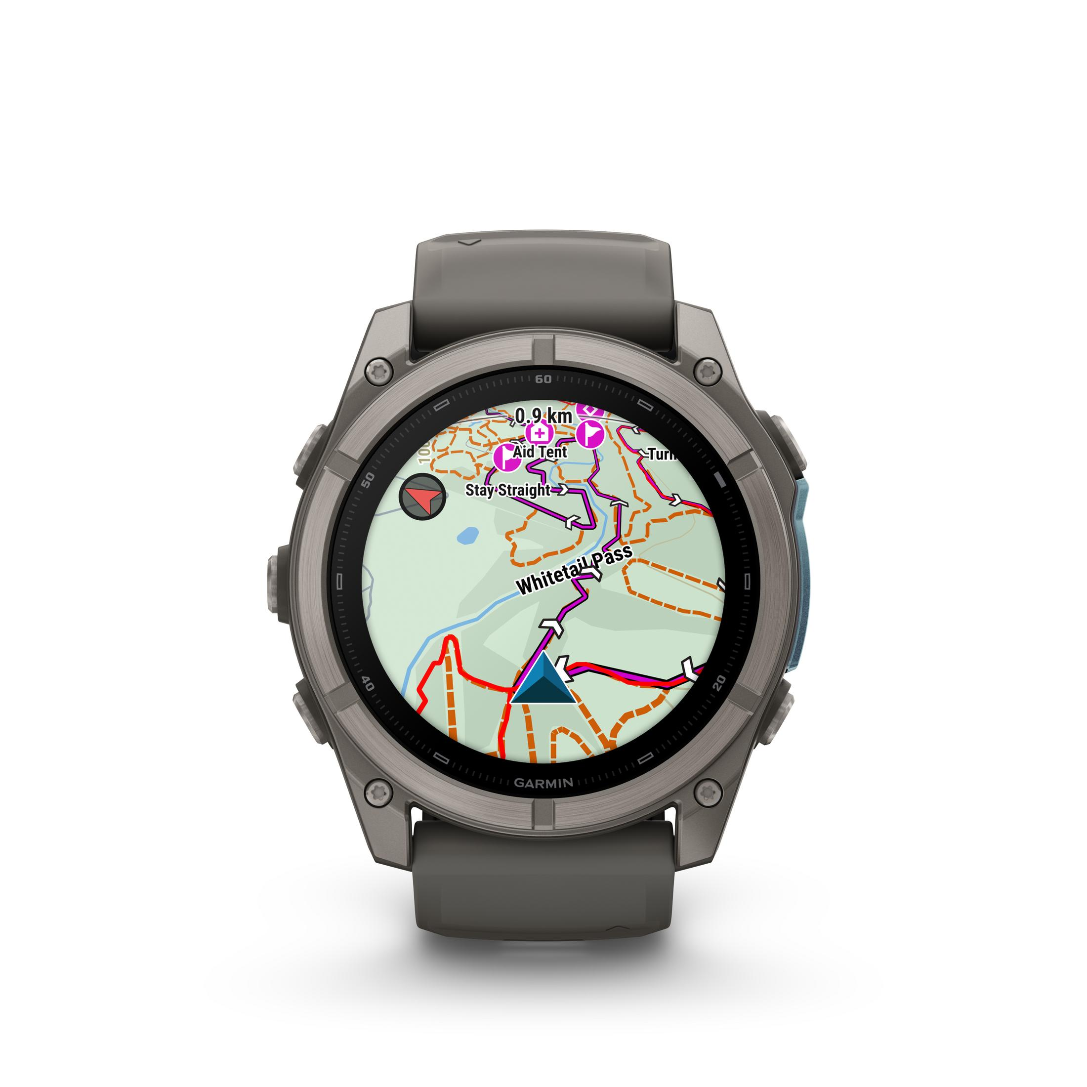 Un orologio sportivo Garmin grigio con mappa GPS sullo schermo rotondo.