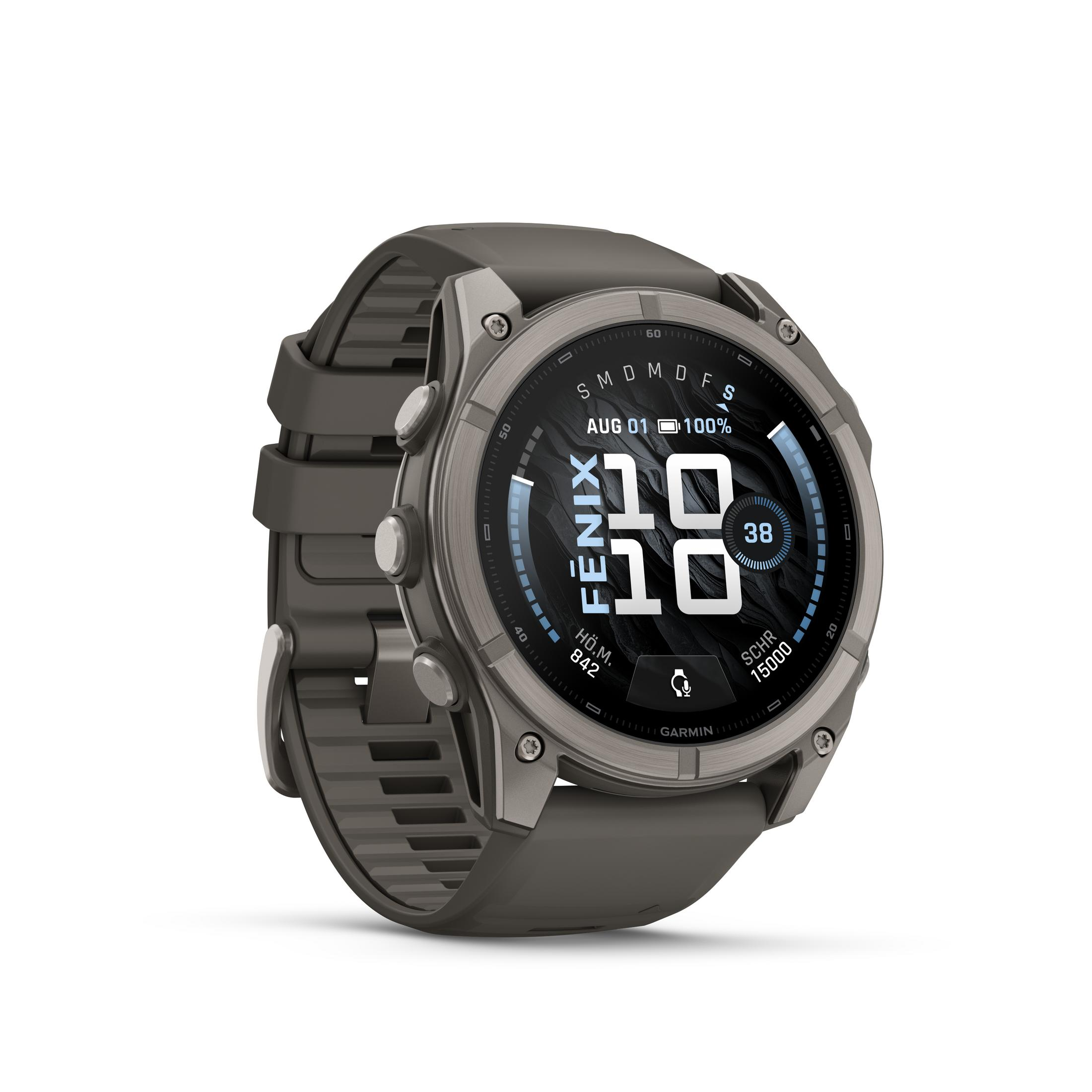 Uno smartwatch Garmin Fenix grigio con quadrante digitale e cinturino in silicone su sfondo bianco.