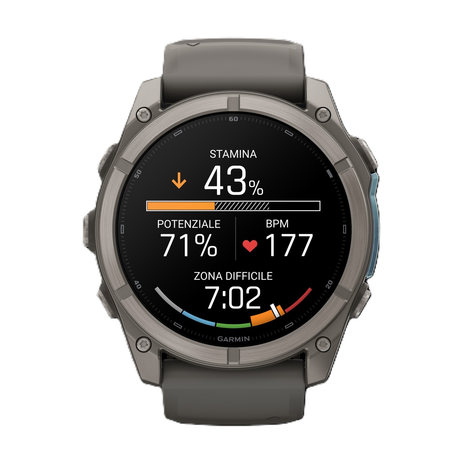 Un orologio sportivo Garmin mostra resistenza al 43%, potenziale al 71% e frequenza cardiaca a 177 BPM.