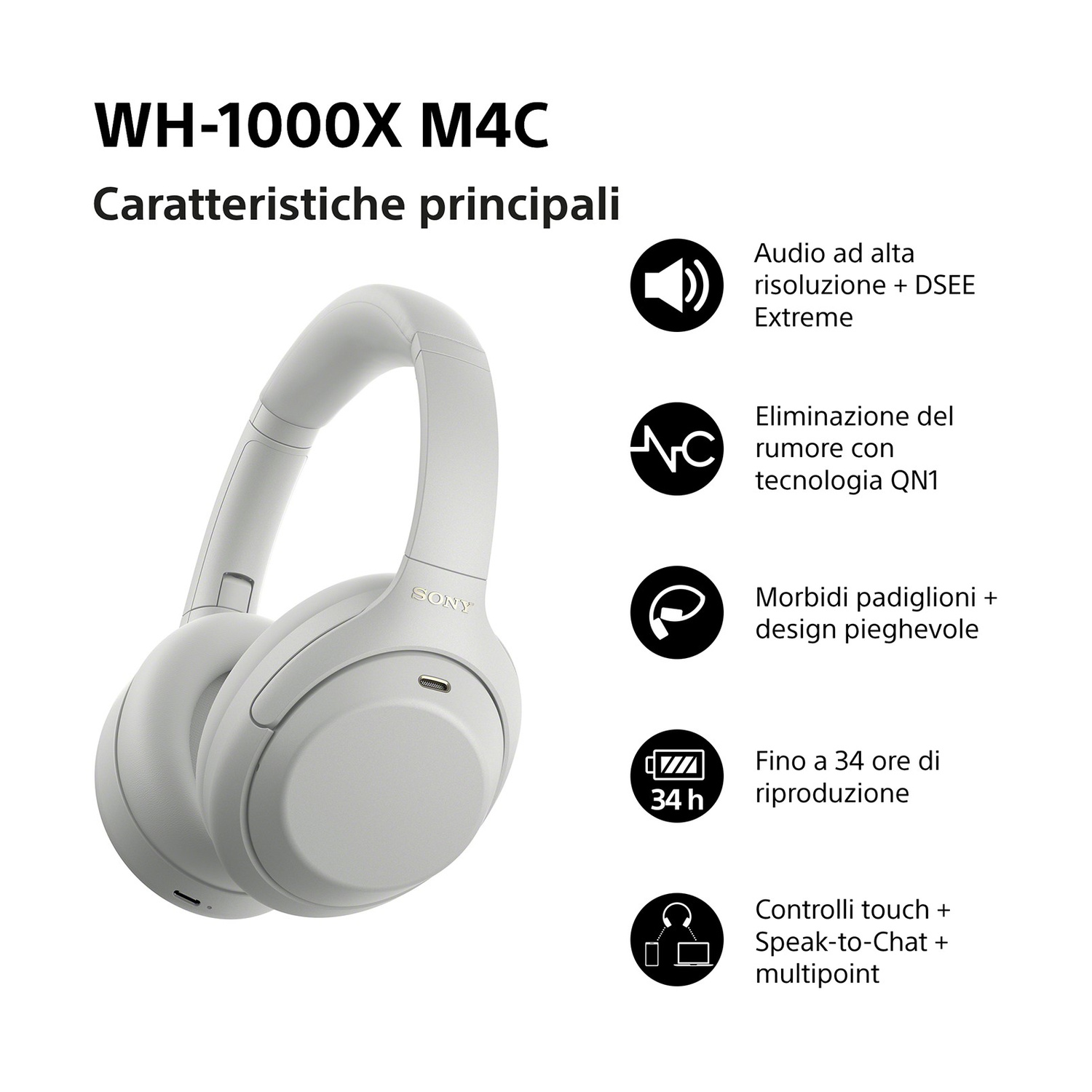 Cuffie Sony WH-1000XM4C con cancellazione del rumore e 34 ore di batteria.