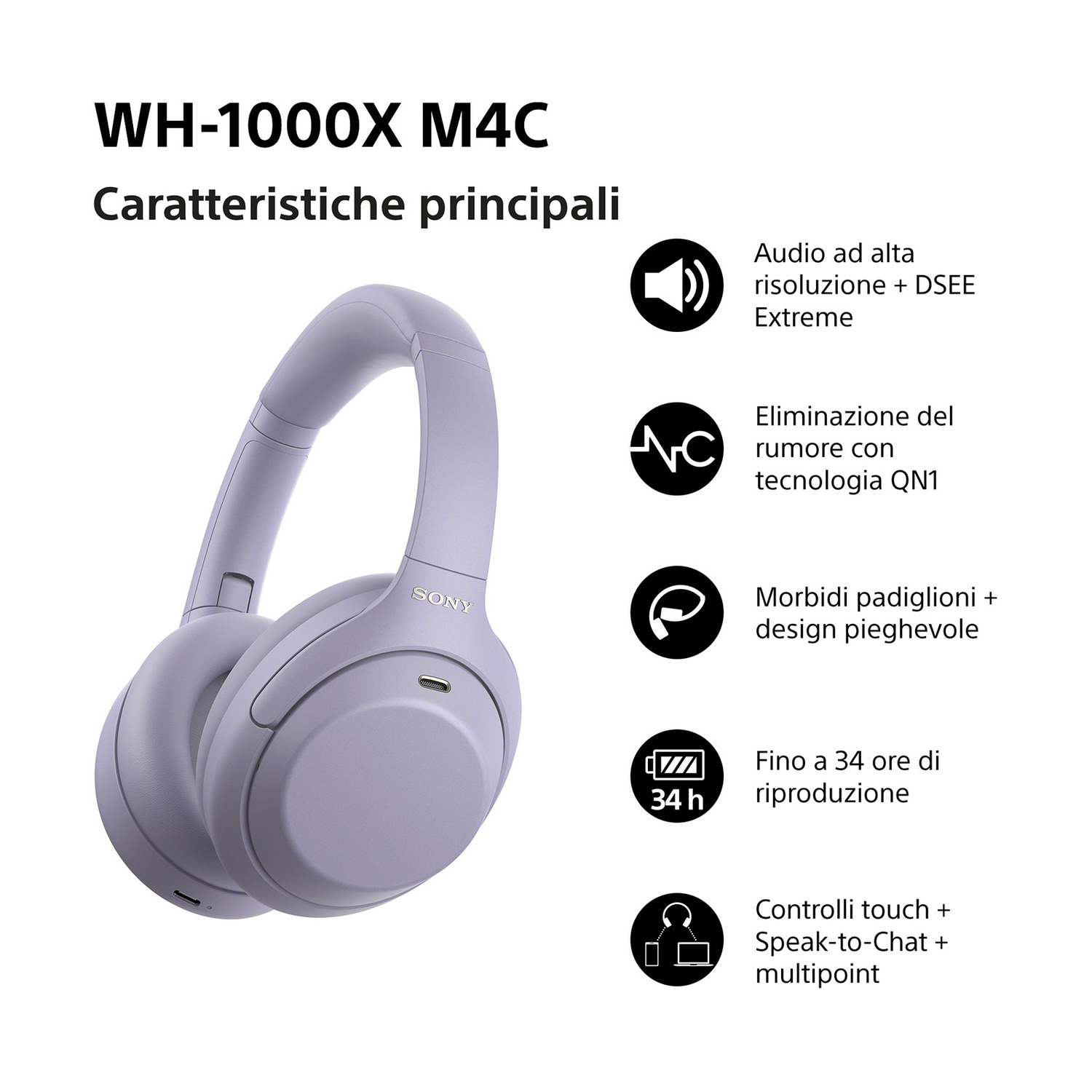 Cuffie Sony WH-1000XM4 viola con icone delle caratteristiche a destra.
