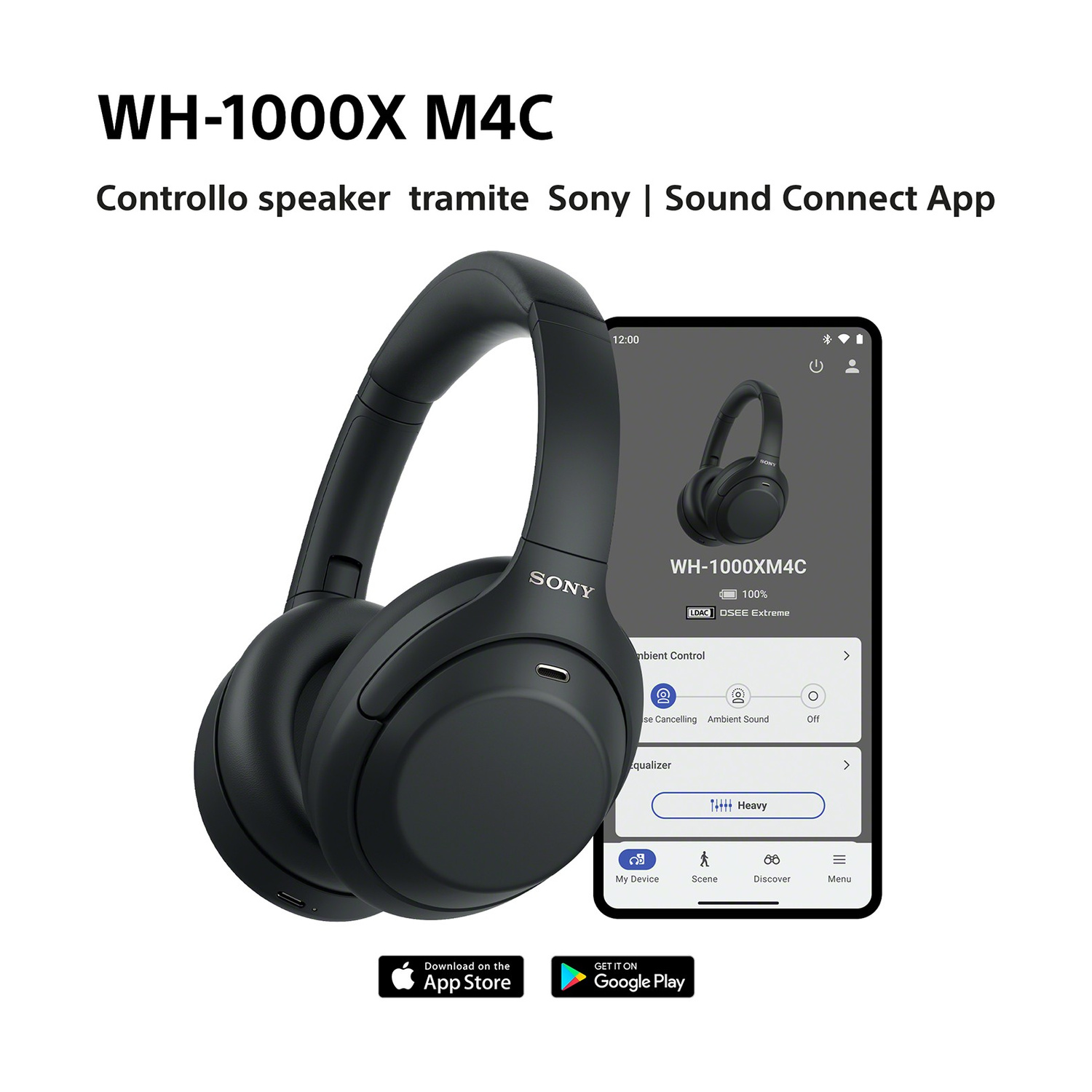 Cuffie nere Sony WH-1000XM4C accanto a uno smartphone con l'app Sony Sound Connect.