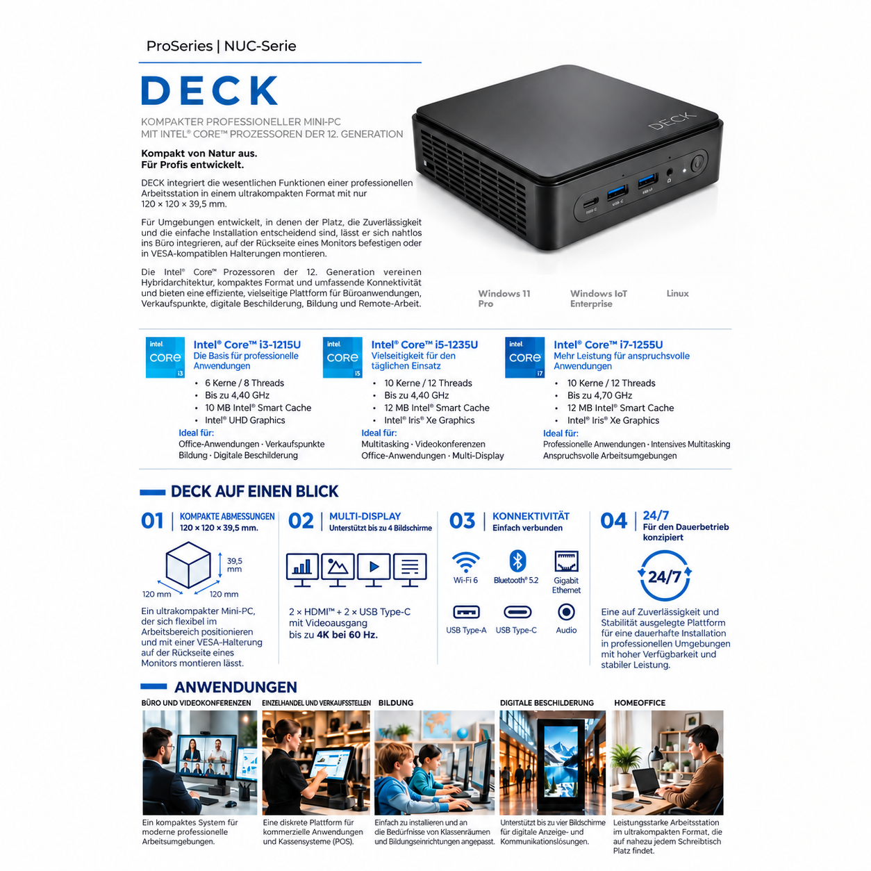 Karta produktu mini PC DECK z procesorem Intel, specyfikacją techniczną, łącznością i zastosowaniami.