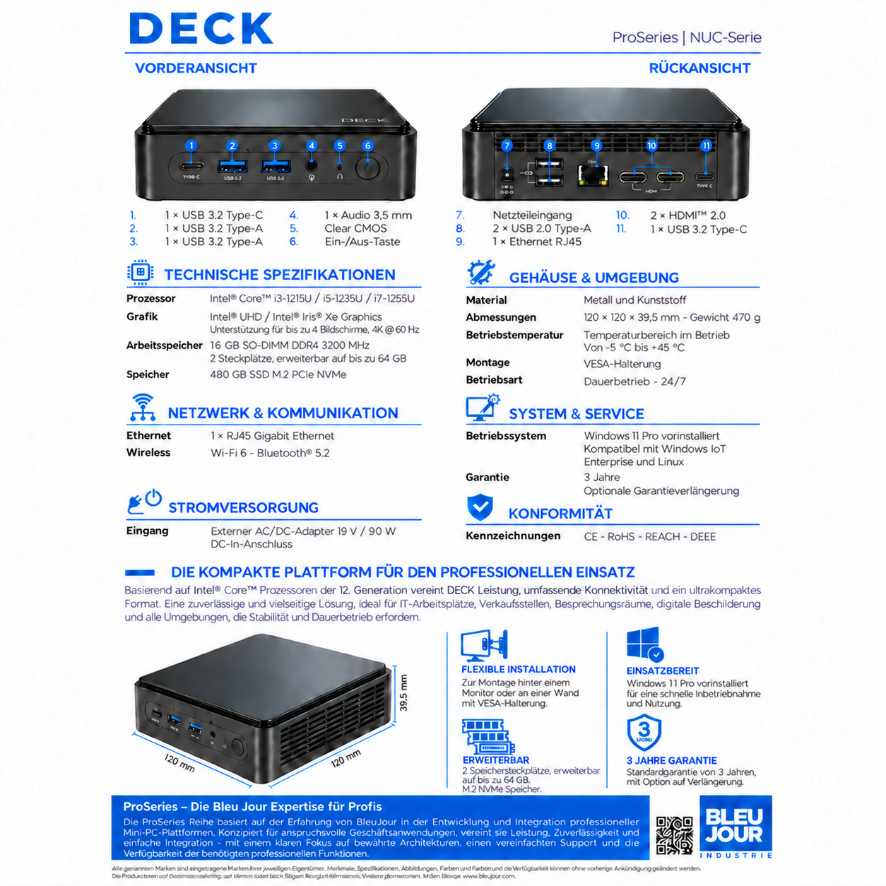 Specyfikacja techniczna i widoki mini PC Deck ProSeries z szczegółami portów.