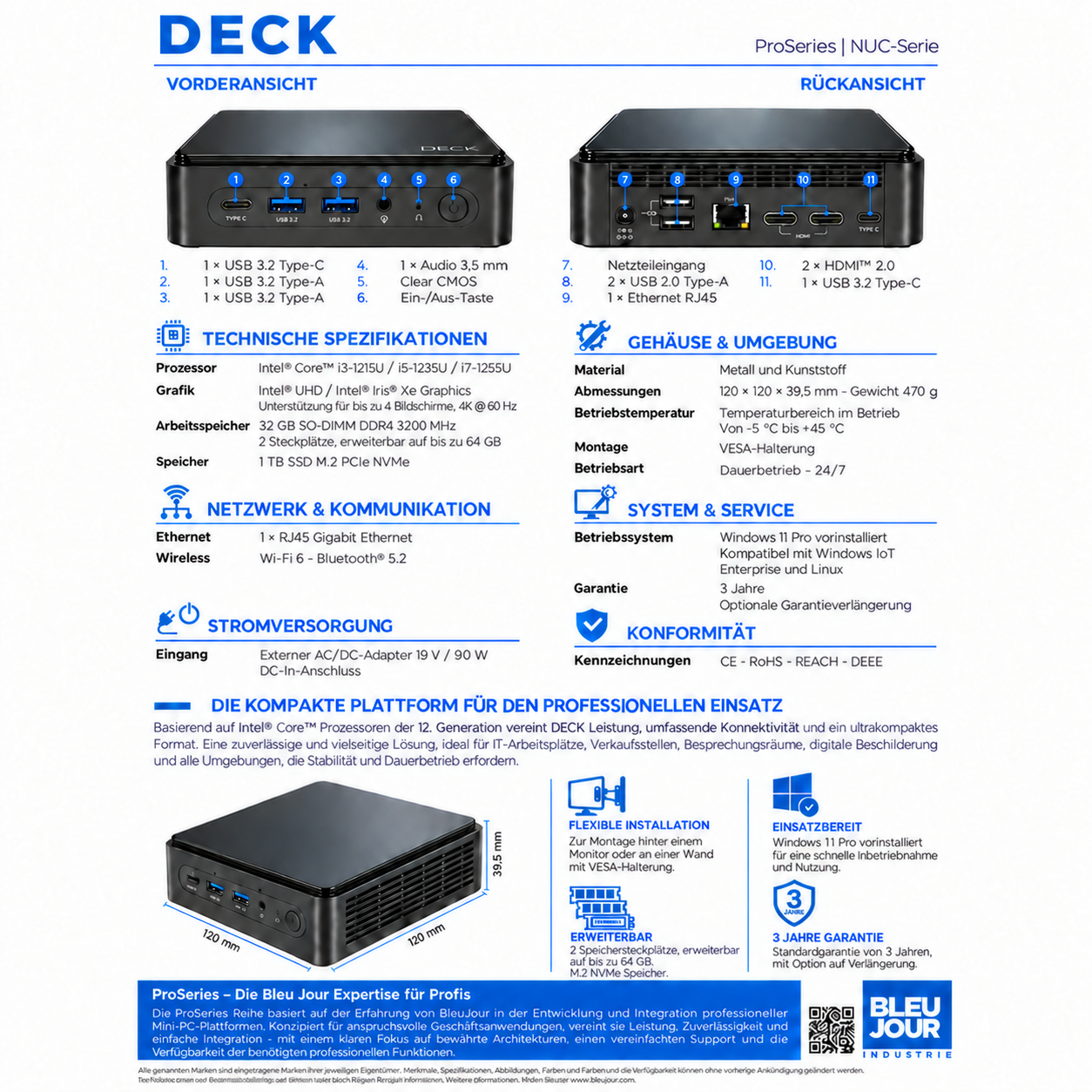 Specifiche tecniche e viste del mini PC Deck con dettagli delle porte anteriori e posteriori.