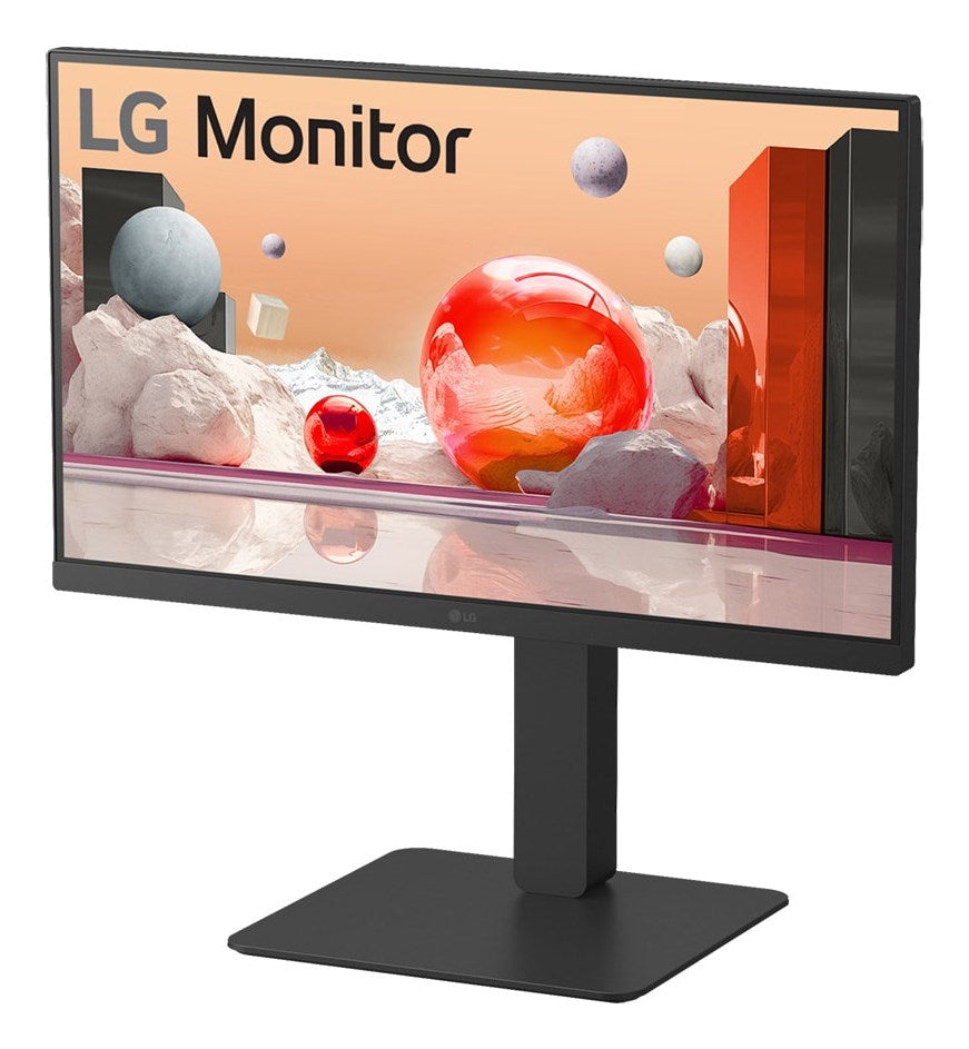 Un moniteur LG sur pied noir affichant un fond abstrait ton pêche avec des sphères et des formes rocheuses.