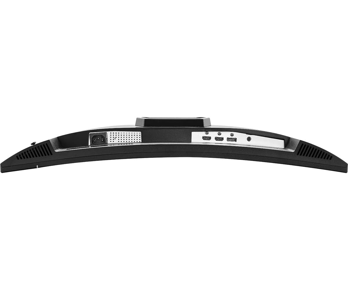 Achterste poorten van eengebogen zwarte monitor met stroom-, HDMI-, DisplayPort- en audio-aansluitingen.