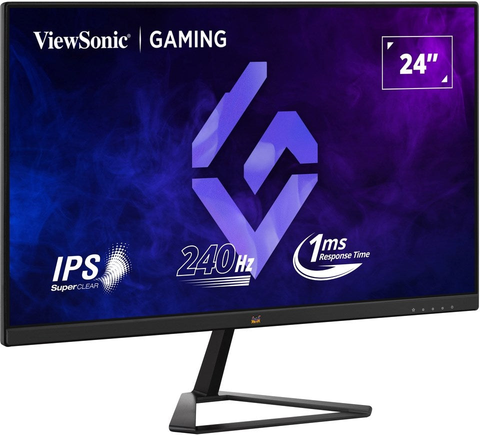Monitor da gioco ViewSonic con logo viola, 240Hz, 1ms e IPS su sfondo di fumo blu.