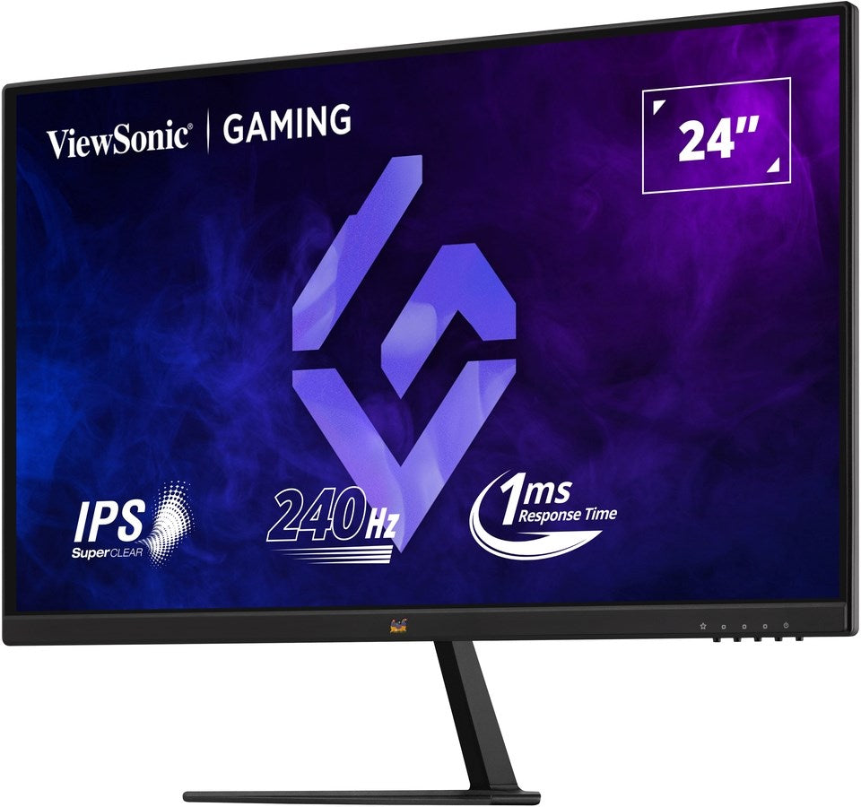 Monitor da gioco ViewSonic che mostra uno schermo viola con 24 pollici, 240 Hz e 1 ms.