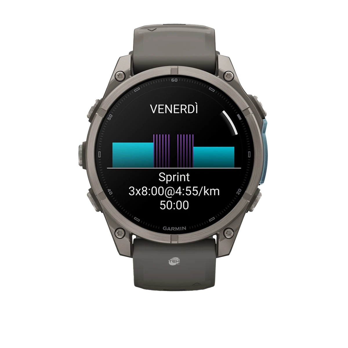 Un orologio sportivo Garmin grigio mostra un programma di allenamento sprint con grafici a barre.