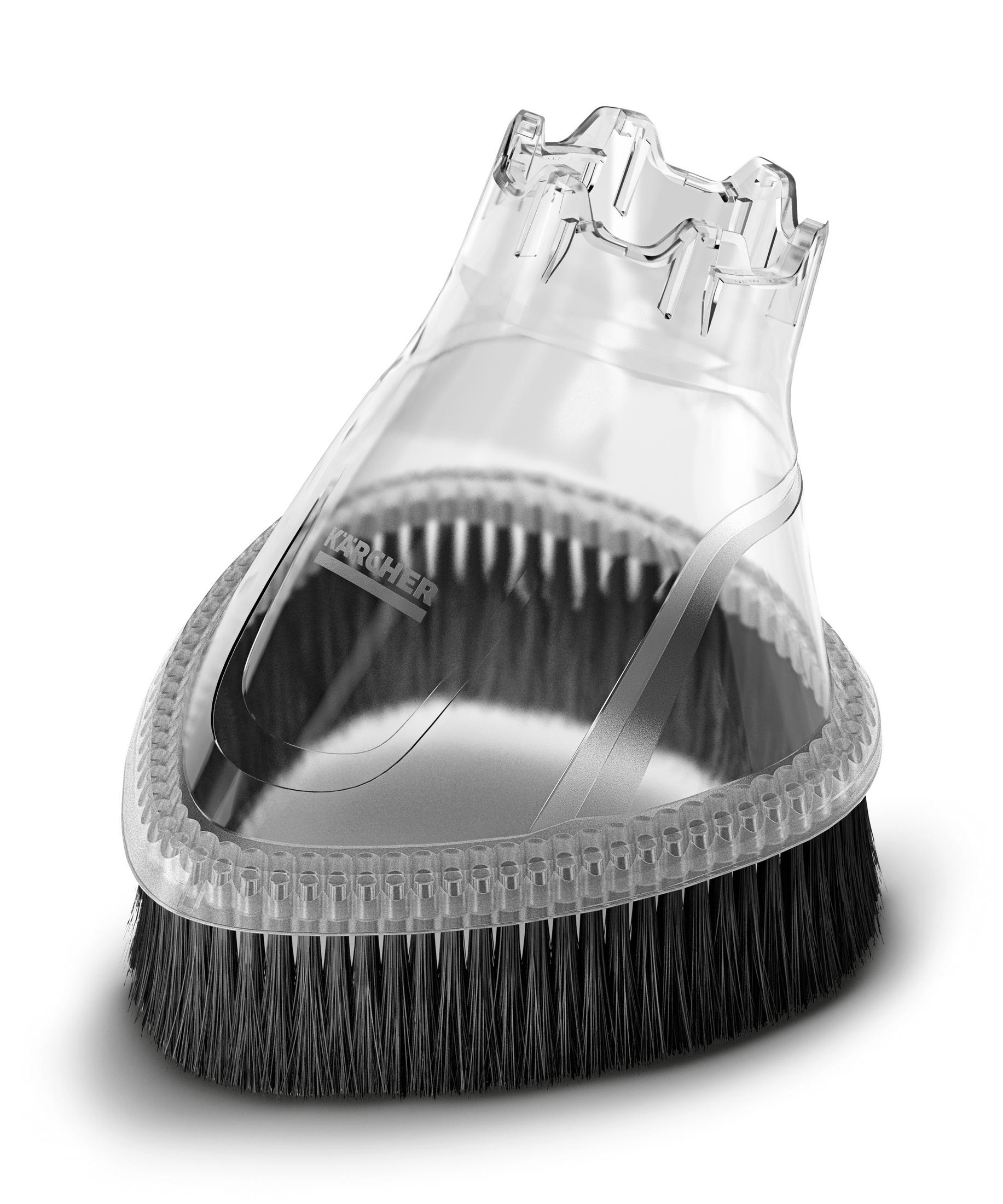 Accessorio per spazzola per aspirapolvere Karcher trasparente con setole nere su sfondo bianco.