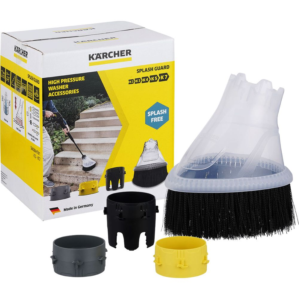 Accessorio paraspruzzi per idropulitrice Kärcher con scatola, spazzola e anelli adattatori.