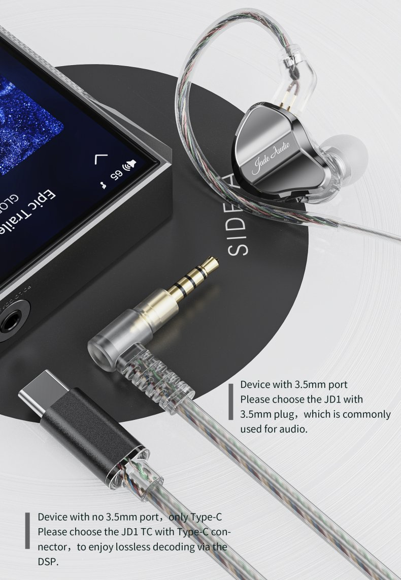 Przewodowe słuchawki Jade Audio z jackiem 3,5 mm i złączem typu C na białym tle.