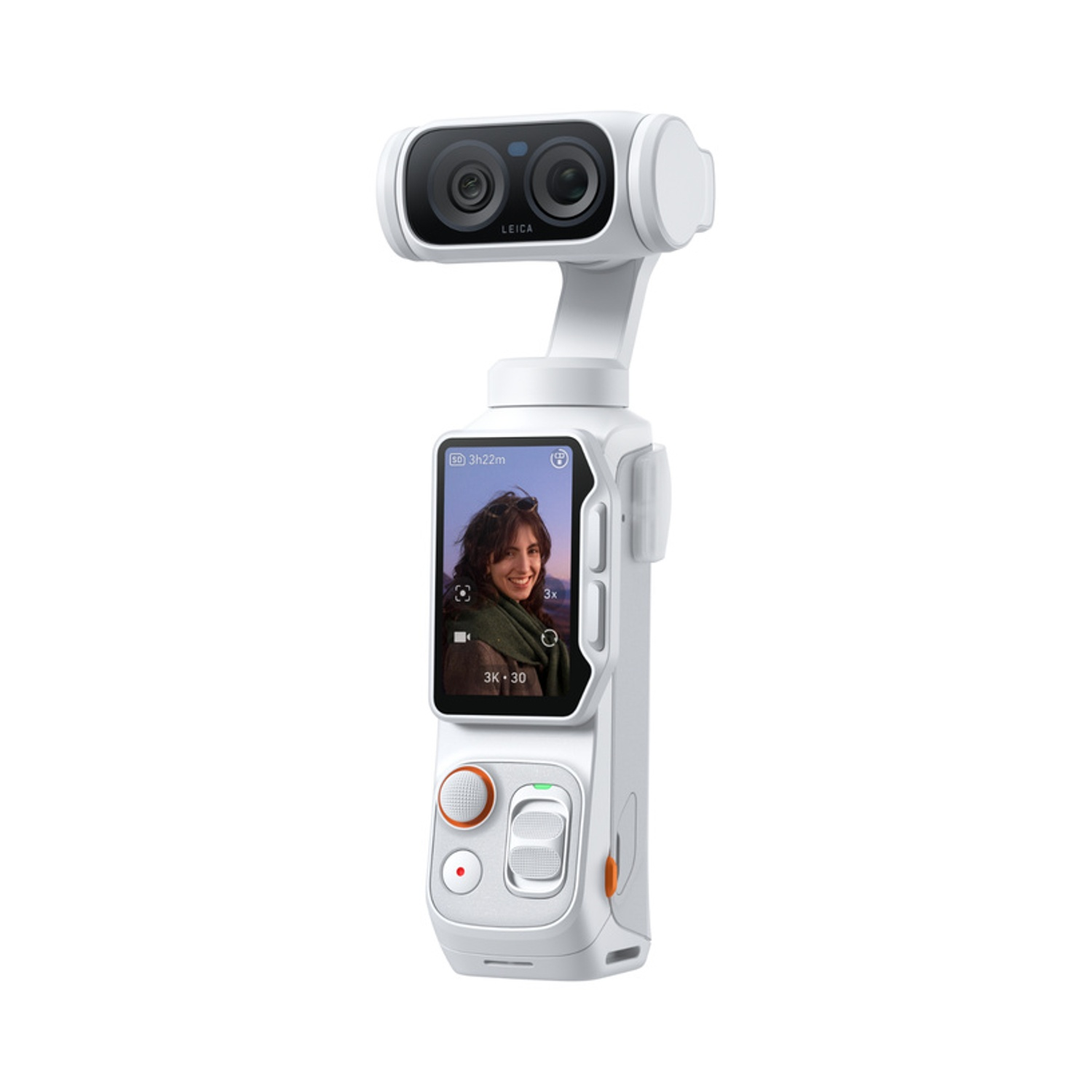 Una telecamera portatile bianca con doppio obiettivo, display con donna sorridente, pulsanti e joystick.