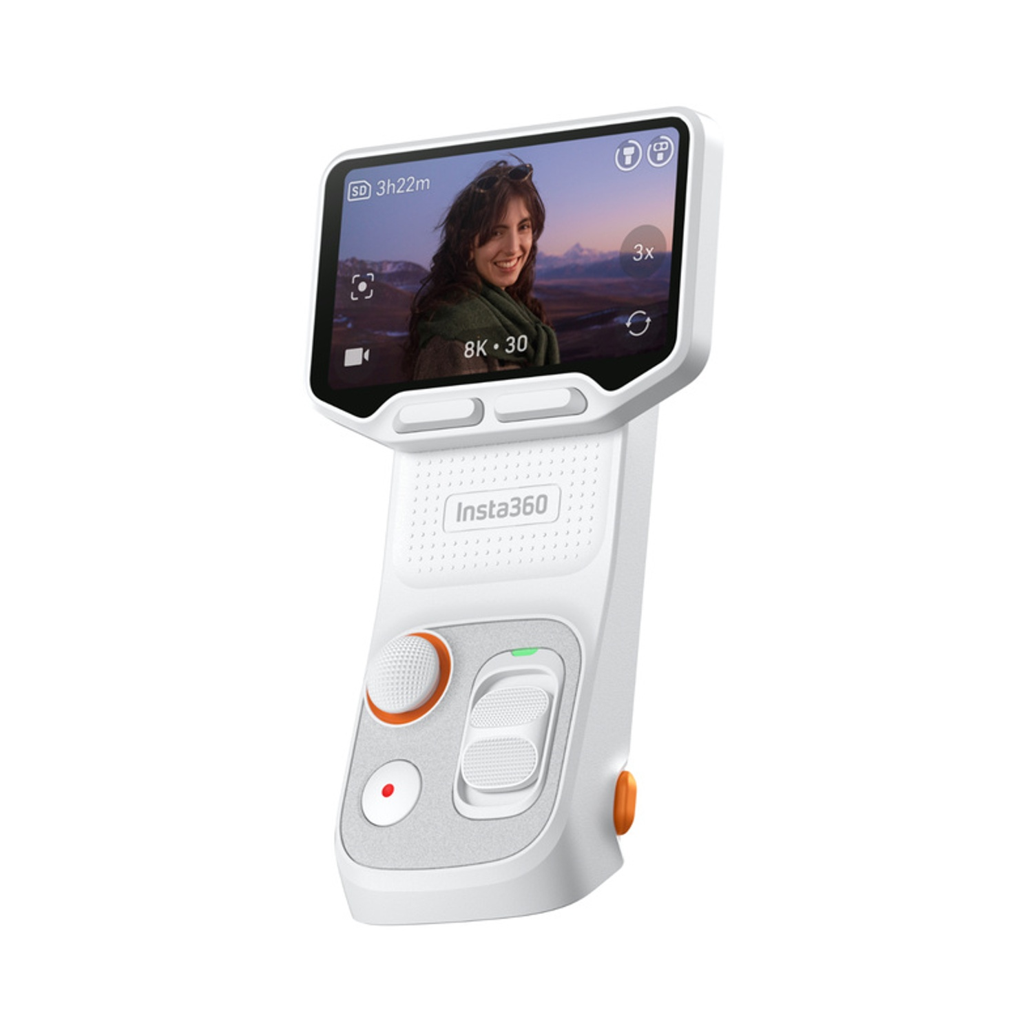 Un controller portatile bianco Insta360 con display e pulsanti.