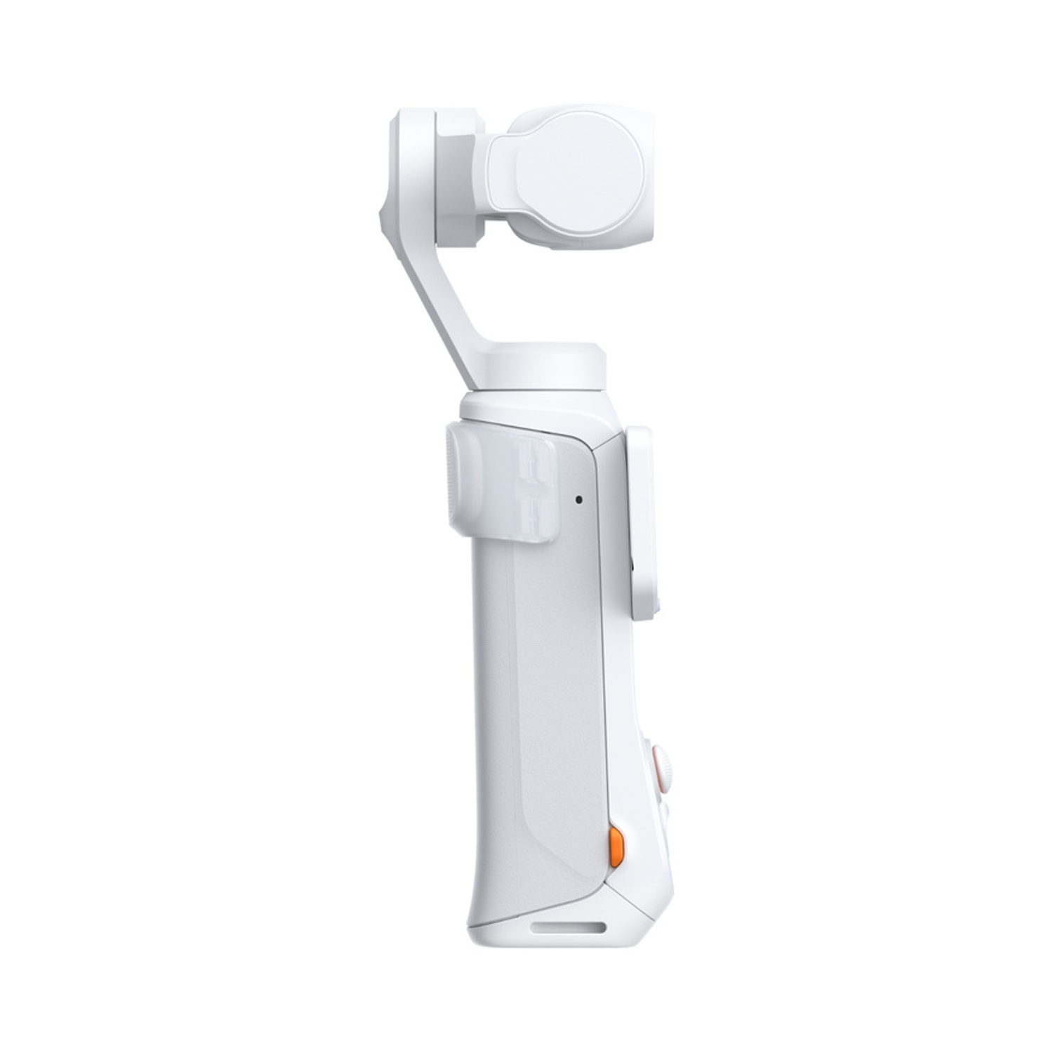 Un mini gimbal bianco con fotocamera integrata su sfondo bianco.