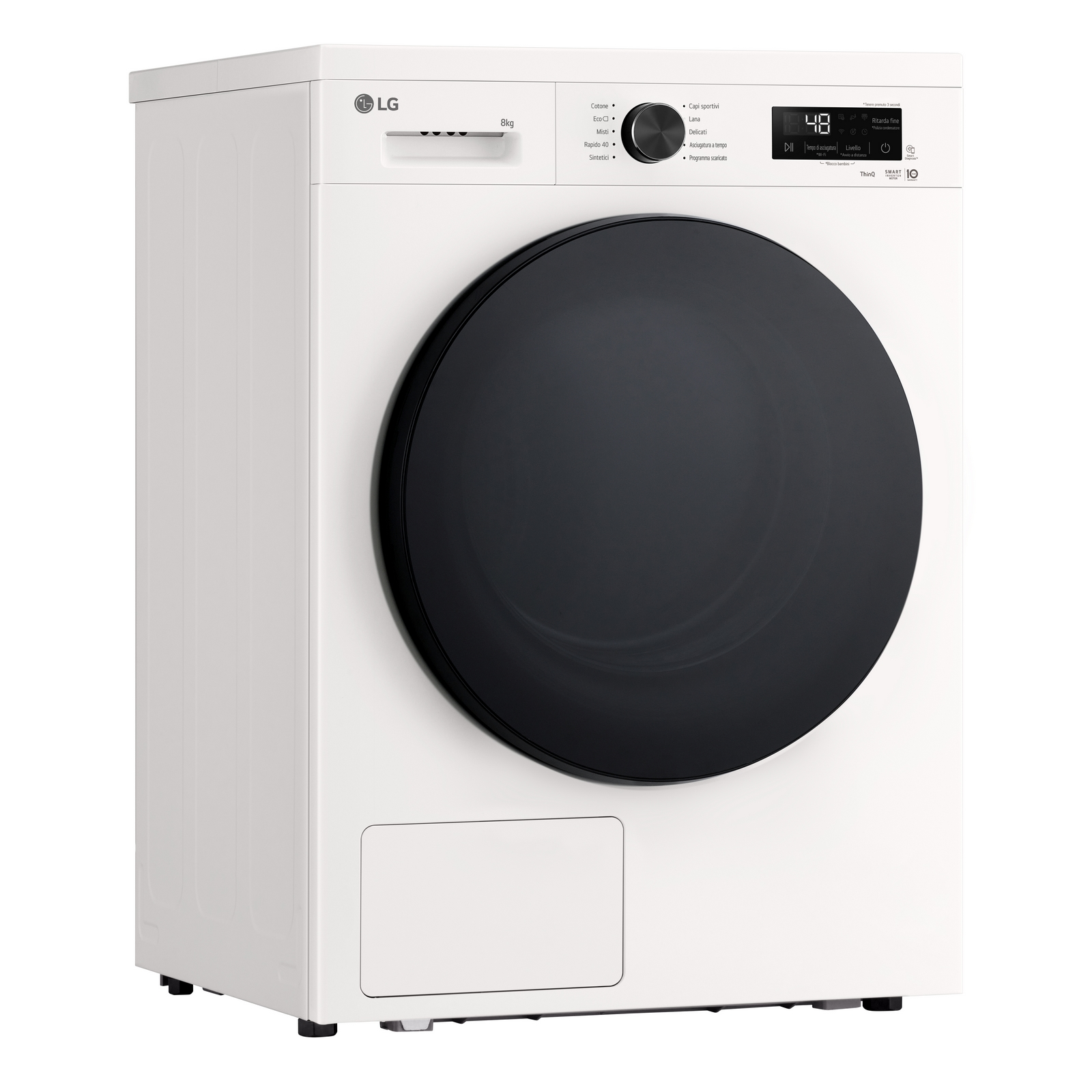 Lavatrice LG bianca con oblò nero circolare, manopola di controllo e display digitale su sfondo bianco.