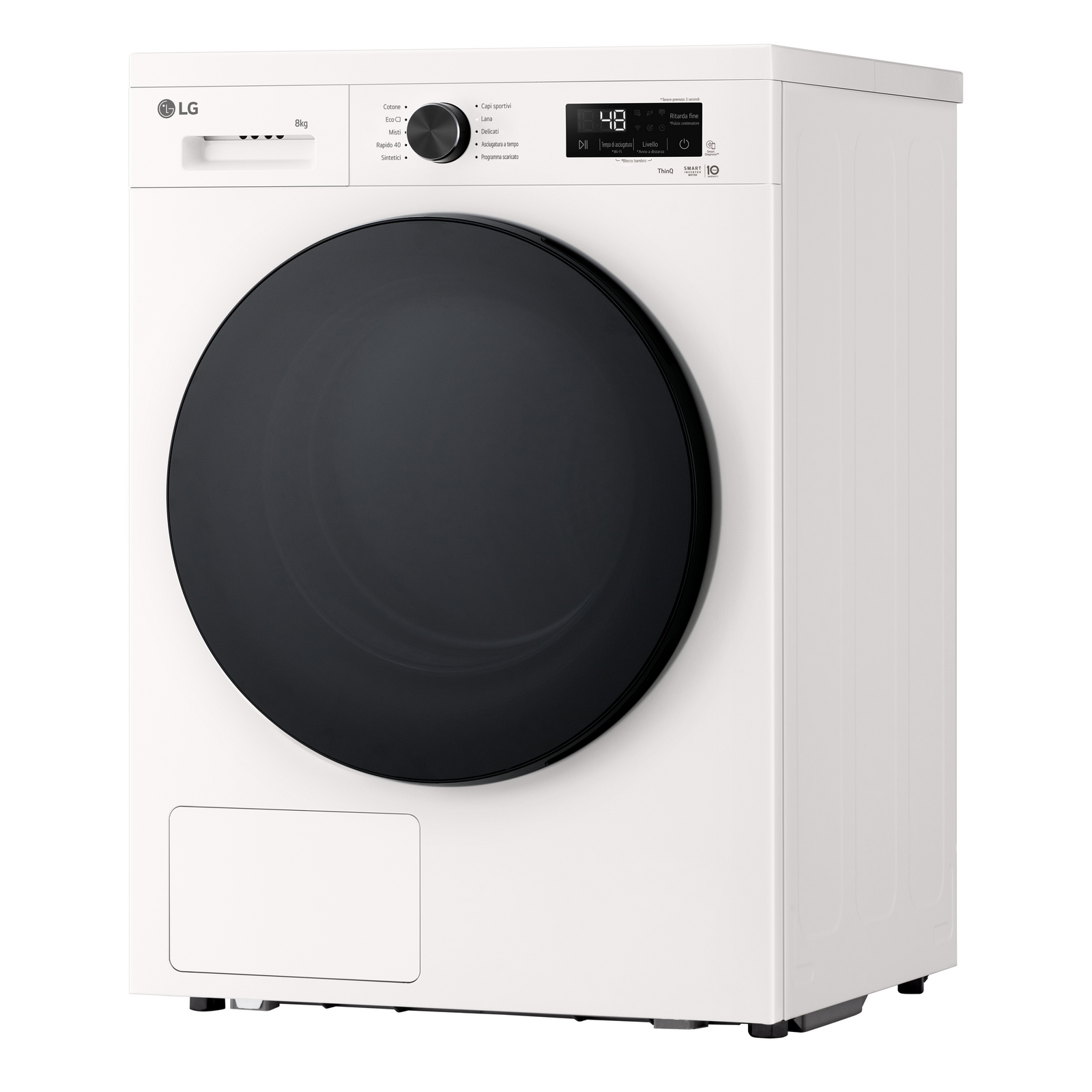Una lavatrice bianca LG con grande oblò nero rotondo, manopola di controllo e display digitale su sfondo bianco.