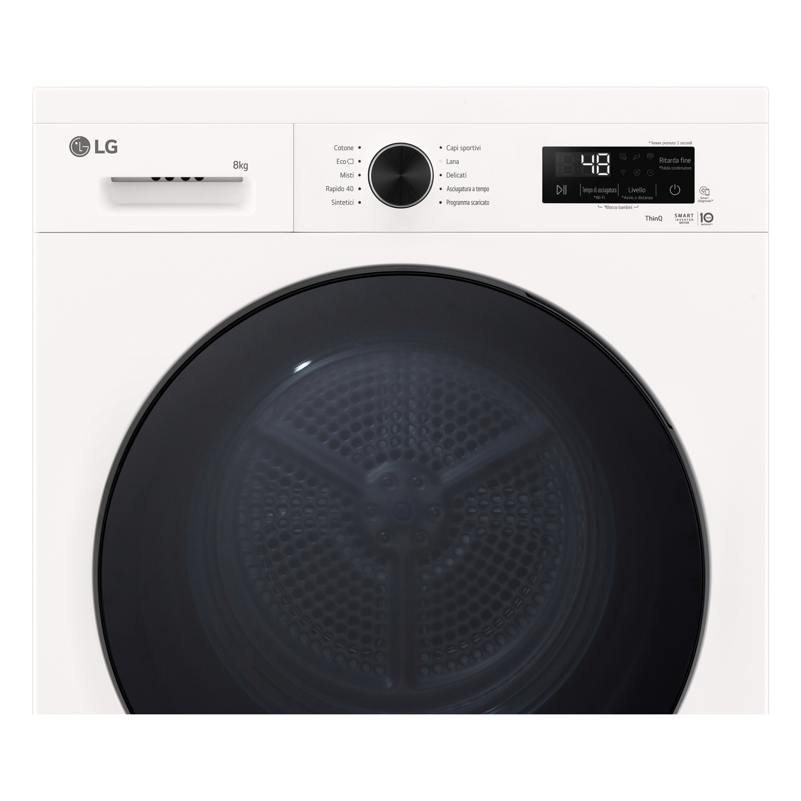 Asciugatrice bianca LG da 8kg, con oblò in vetro nero e pannello display digitale.