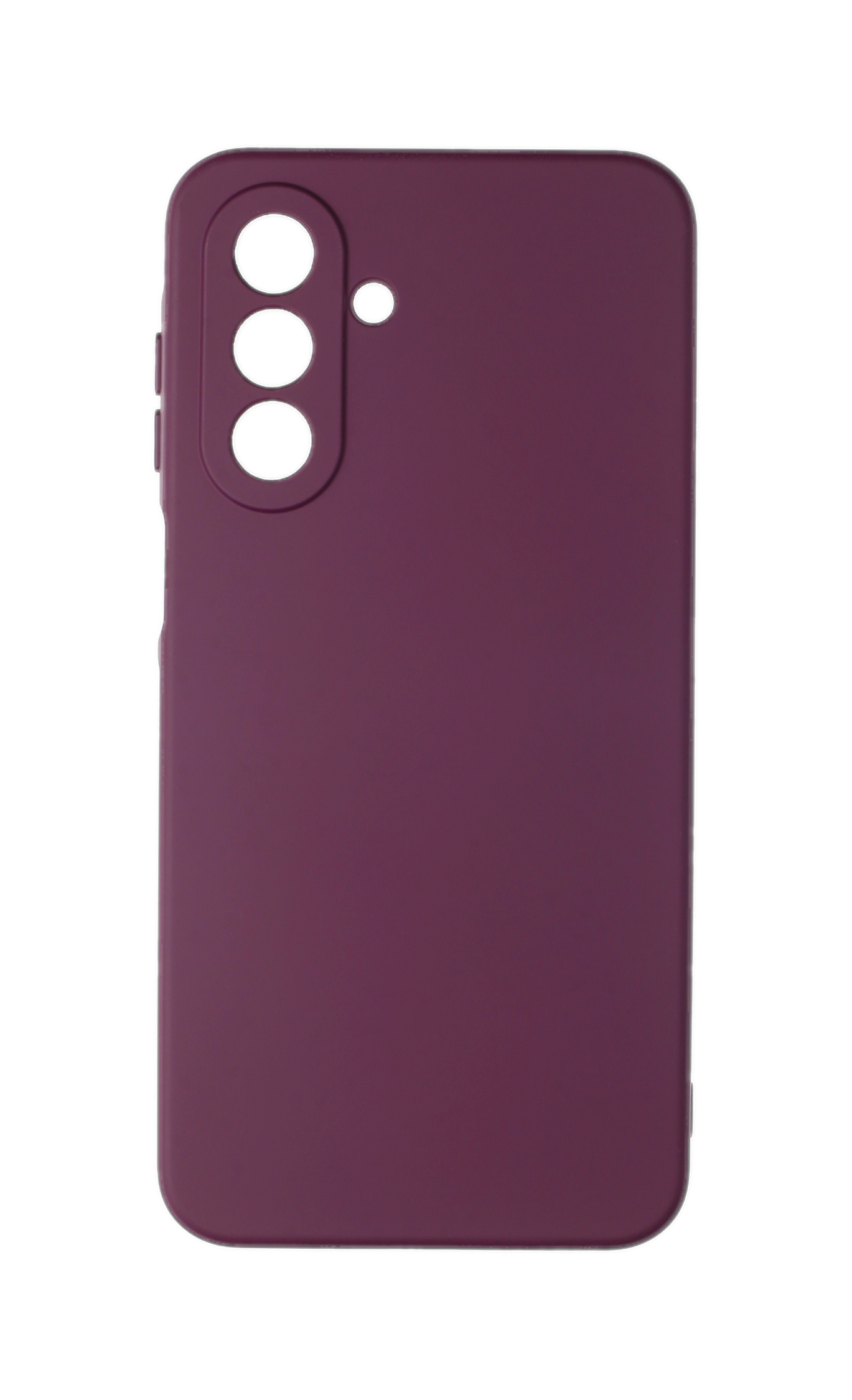 Eine dunkelviolette Smartphone-Hülle aus Silikon mit Aussparungen für drei Kameras auf der Rückseite.
