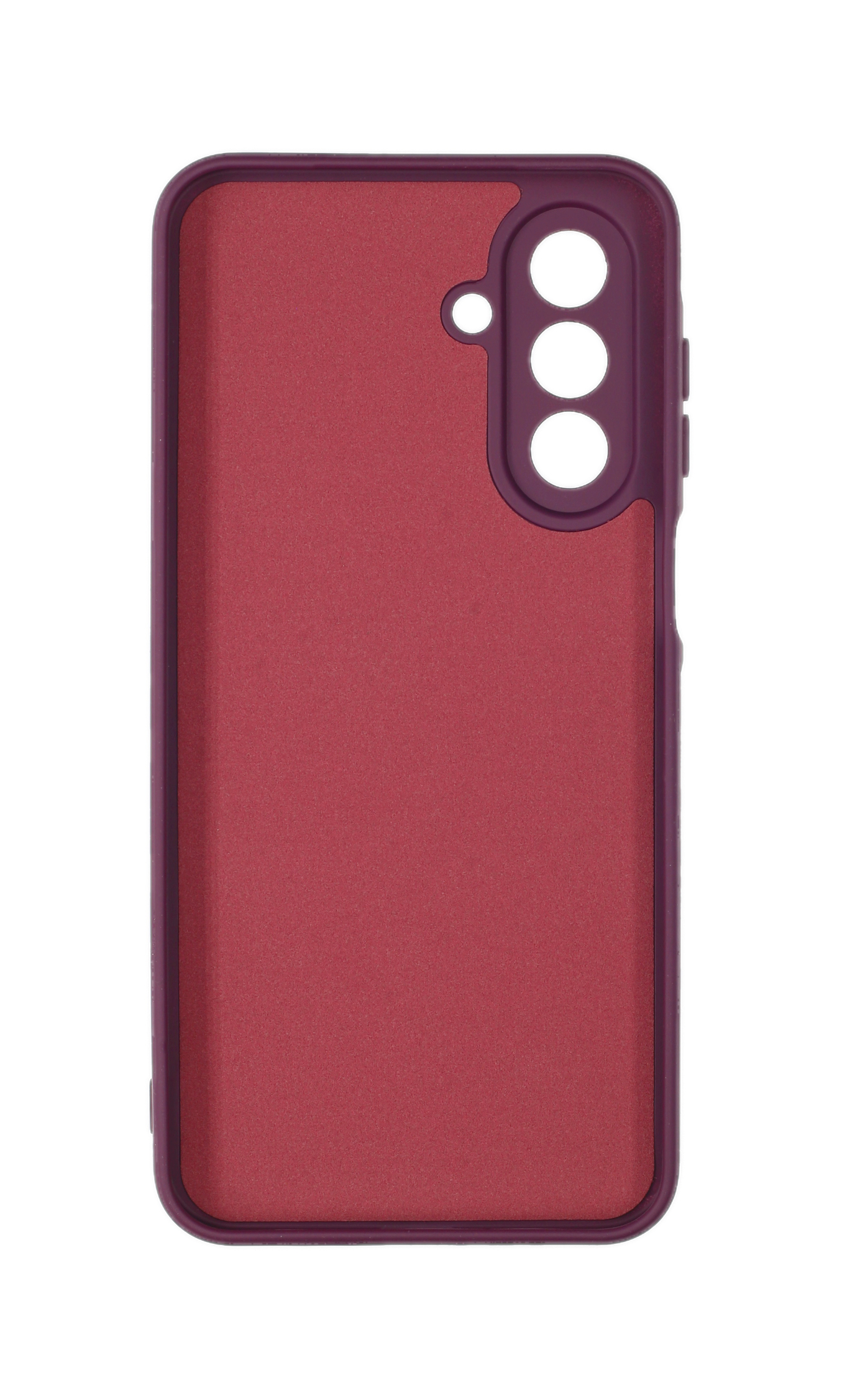 Dunkelrote Smartphone-Schutzhülle mit vertikaler Kameraaussparung auf weißem Hintergrund.