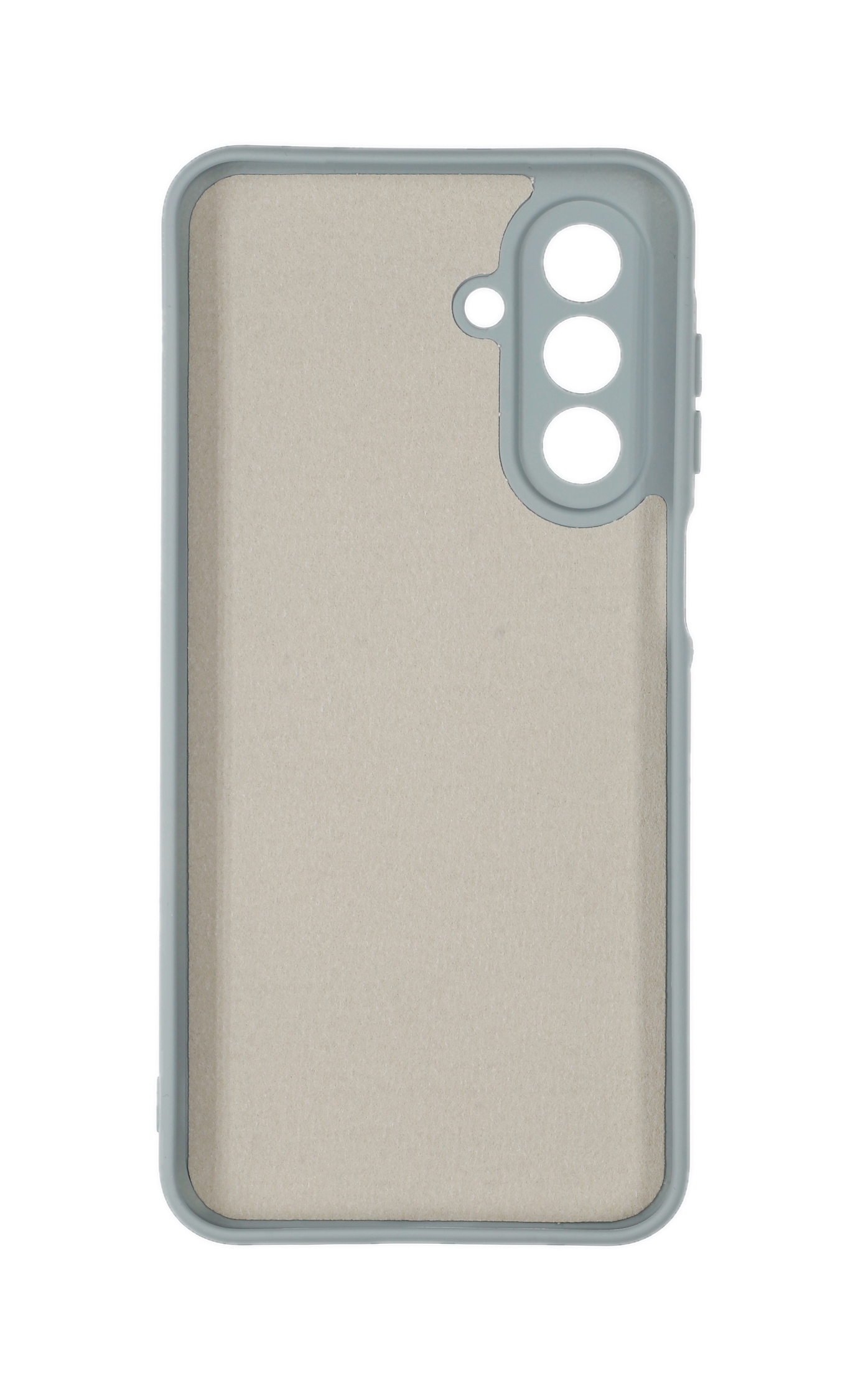Graue Silikon-Handyhülle Innenansicht mit Kartoneinlage und Kameraausschnitten.