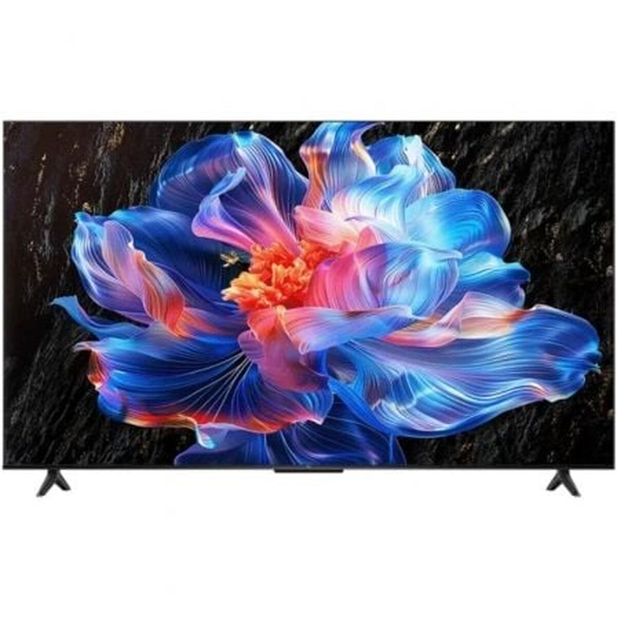 Un televisor de pantalla plana muestra una flor abstracta azul y rosa sobre fondo oscuro.