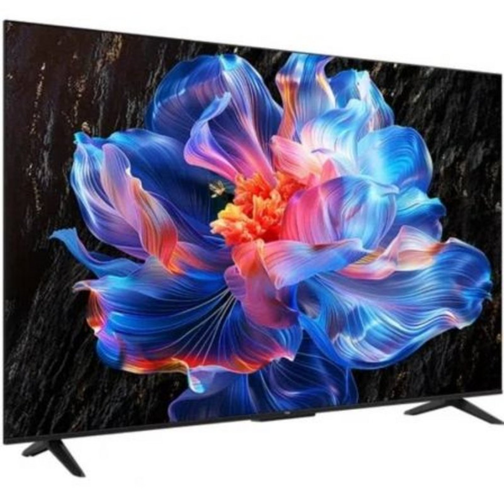 Un televisor de pantalla plana con bisel delgado y soportes muestra una flor abstracta, colorida azul y naranja.