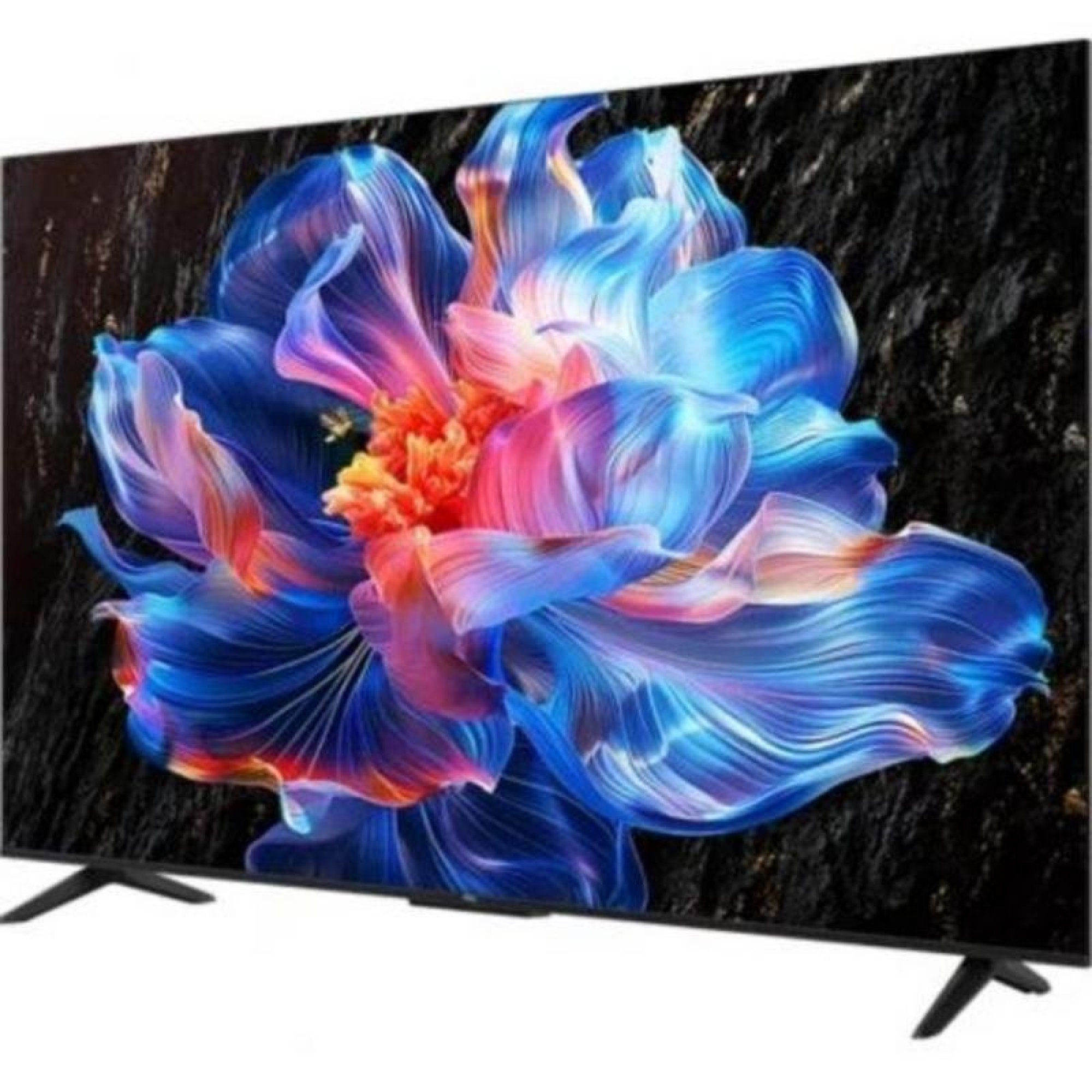 Un televisor de pantalla plana que muestra un patrón floral abstracto, azul y naranja brillante.