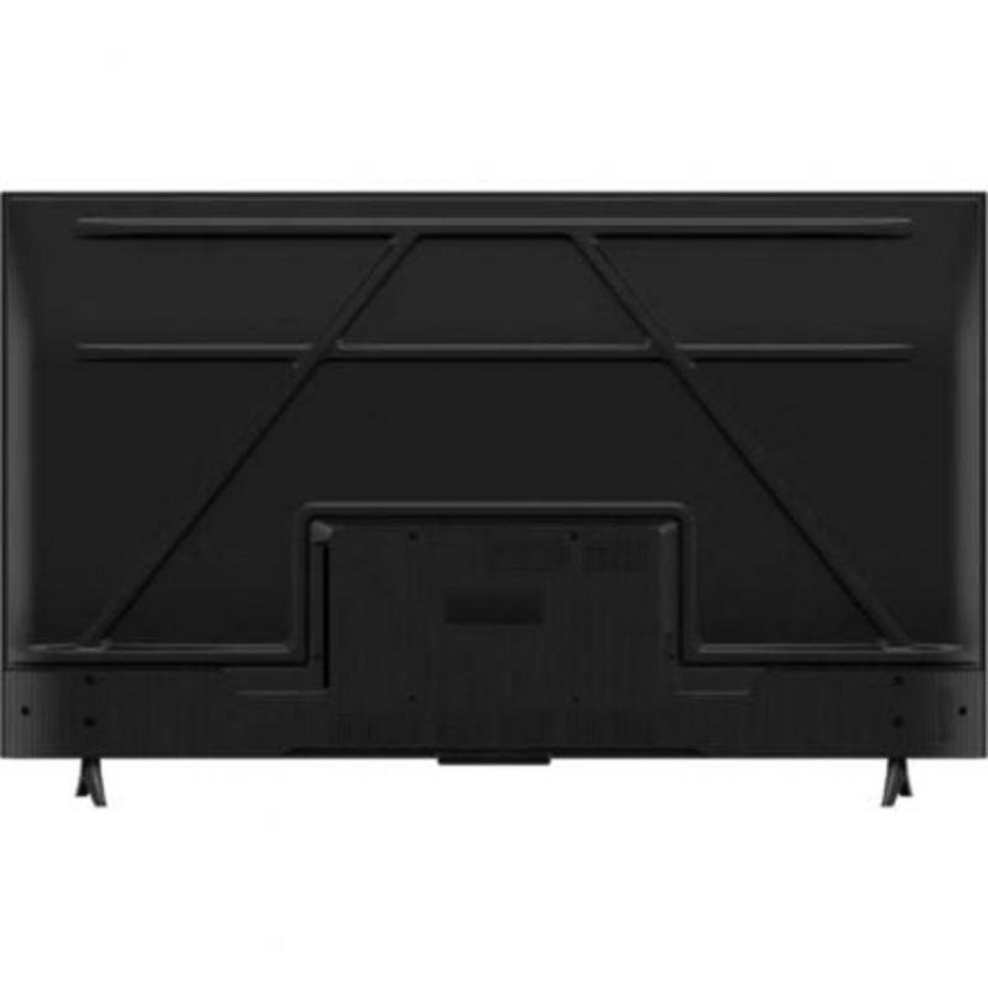 Vista trasera de un televisor negro con patas y un panel de puertos en el centro.