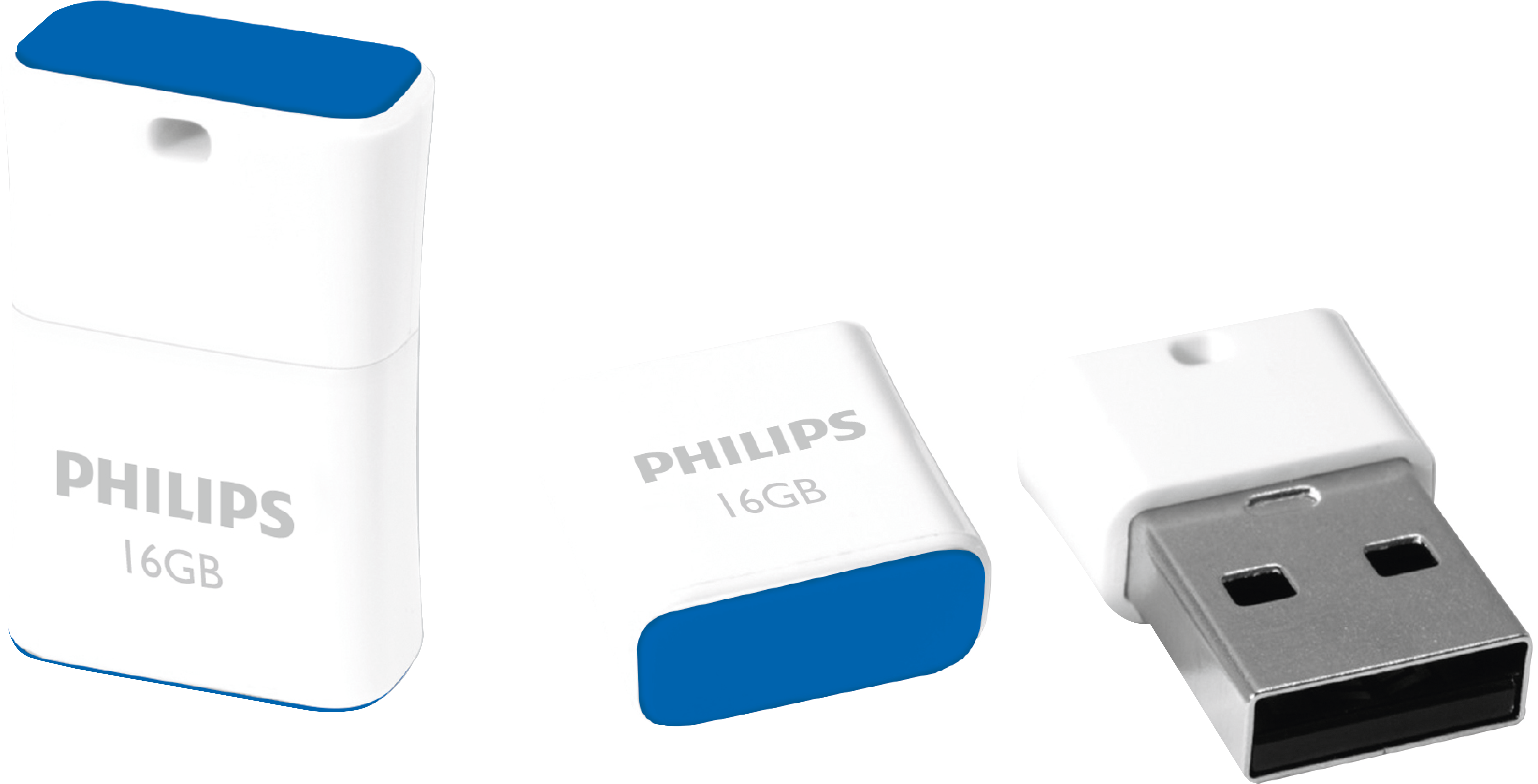 Tres memorias USB Philips de 16GB blancas con detalles azules sobre fondo negro.
