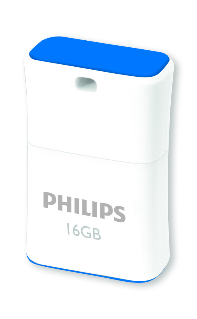 Una memoria USB Philips blanca de 16 GB con tapas azules sobre fondo blanco.