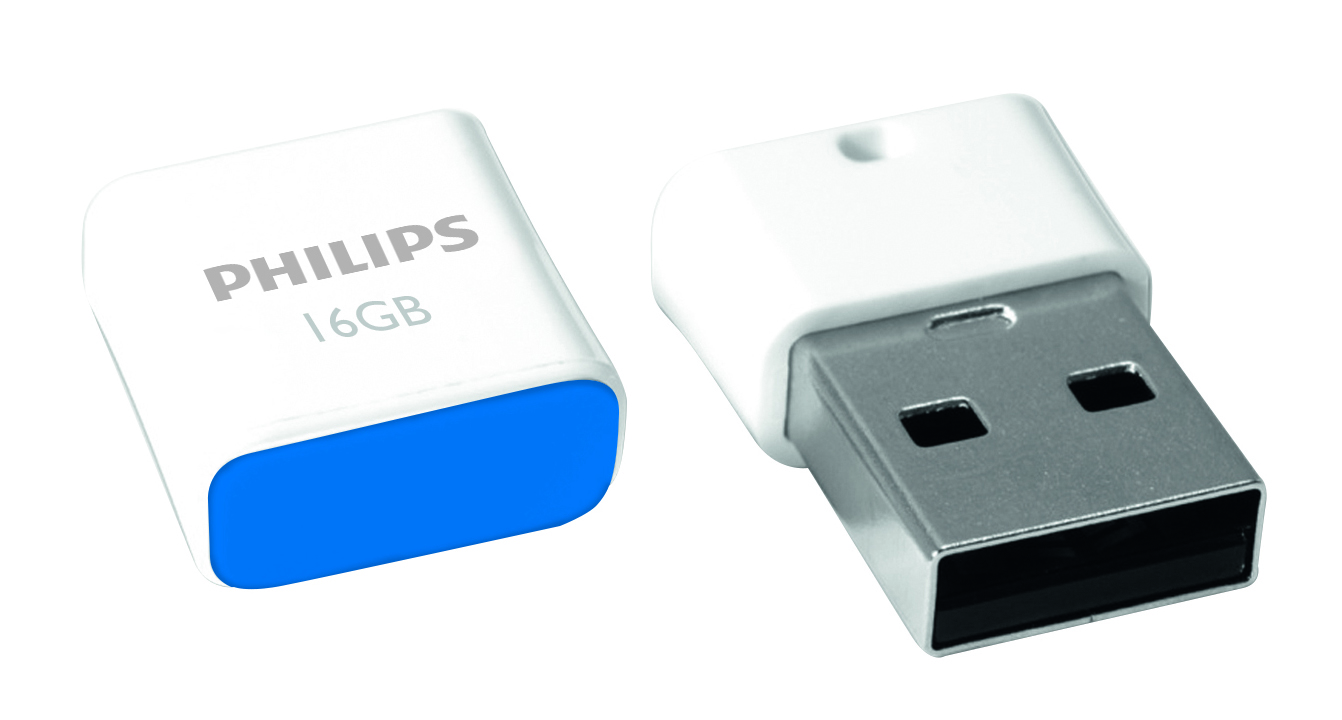 Dos unidades flash USB Philips de 16 GB blancas sobre un fondo blanco, una con texto y otra mostrando el conector metálico.