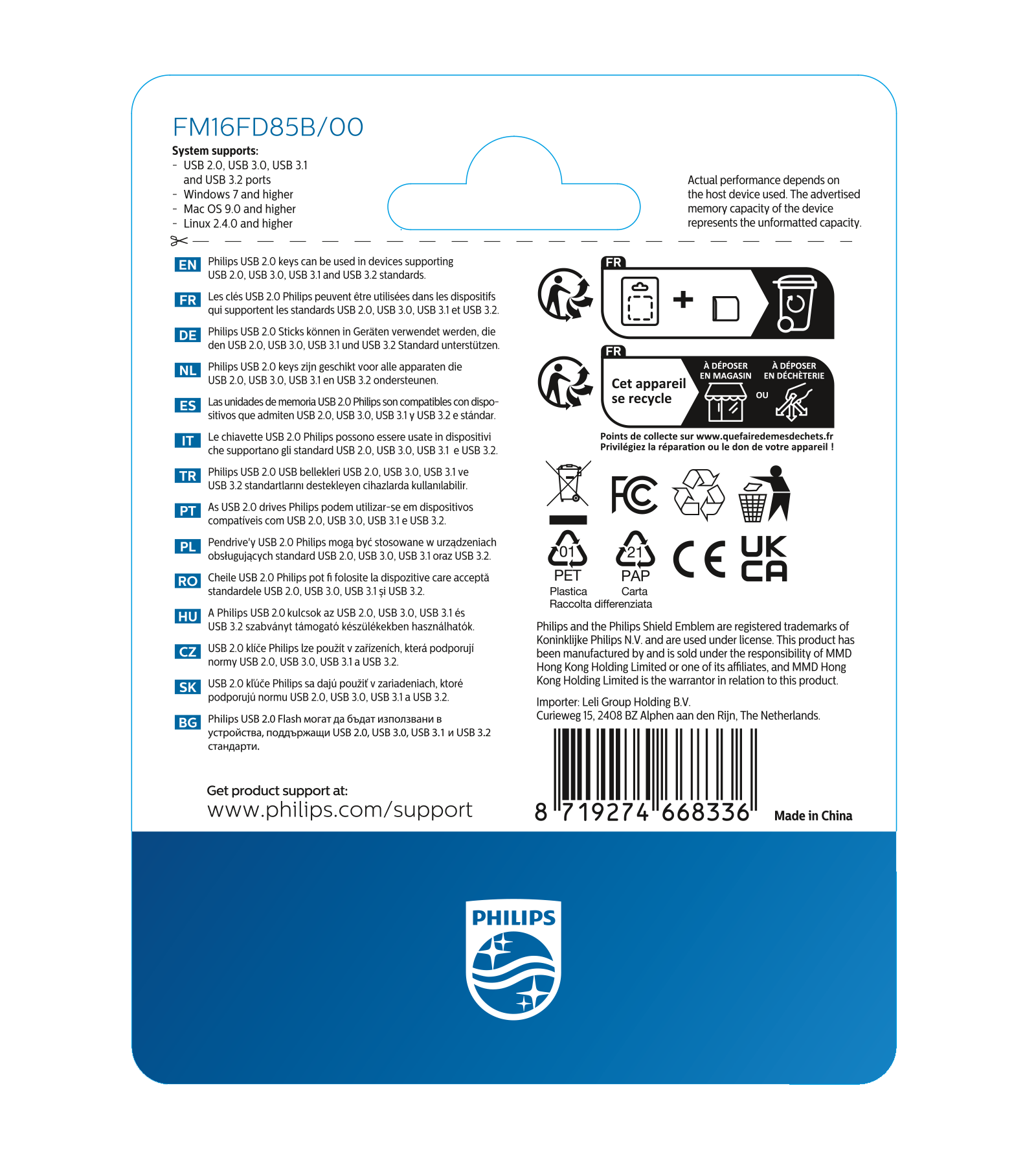 Parte trasera de un embalaje de USB Philips con especificaciones, símbolos de reciclaje y código de barras.
