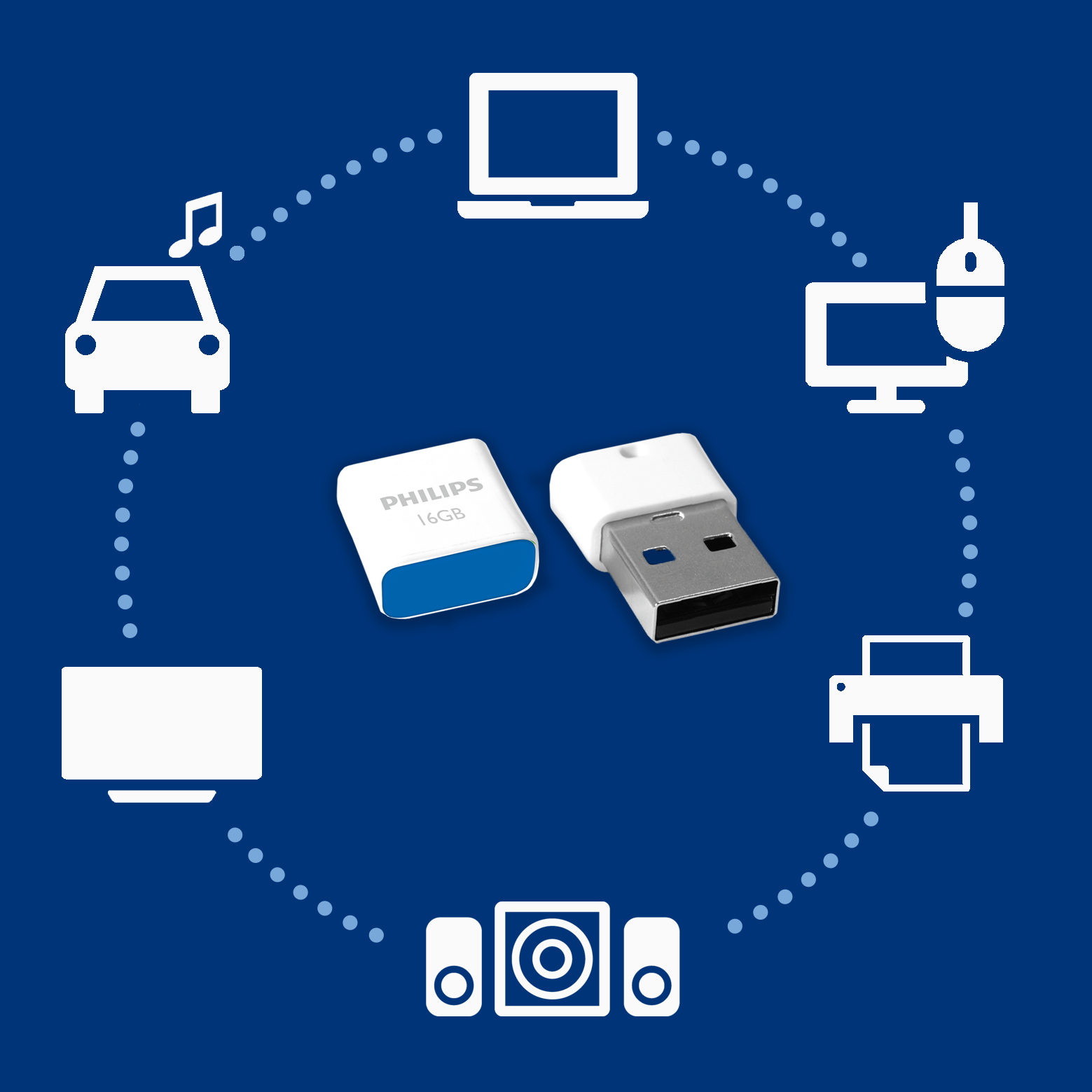 Dos memorias USB Philips de 16GB sobre fondo azul, rodeadas de iconos de dispositivos blancos.