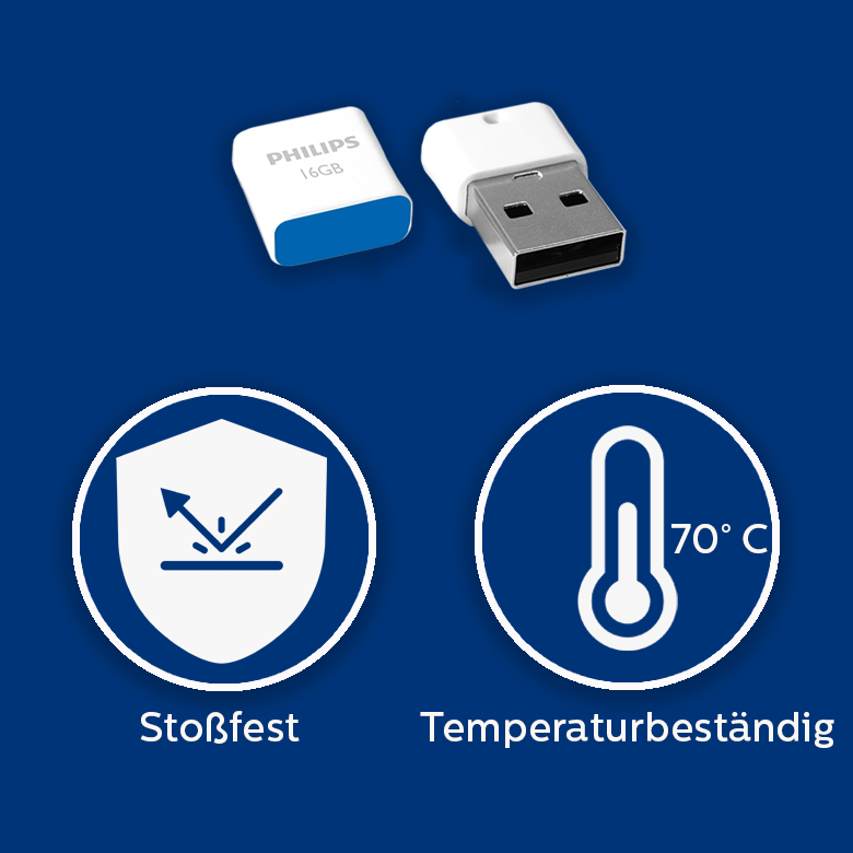 Memoria USB Philips de 16 GB con iconos de resistencia a golpes y temperaturas de hasta 70 °C sobre fondo azul.