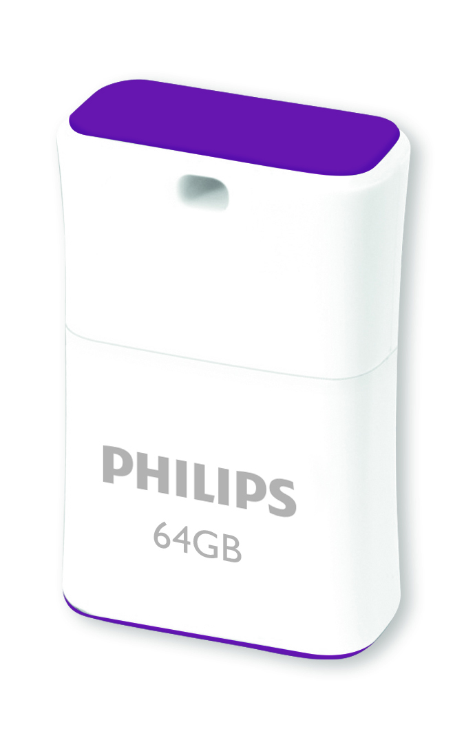 Een witte Philips 64GB USB-flashdrive met paarse doppen aan beide uiteinden, verticaal op een witte achtergrond.