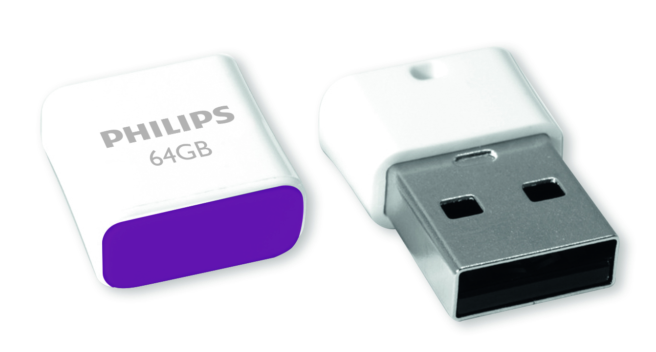 Twee witte Philips 64GB USB-sticks met paarse accents op een witte achtergrond.