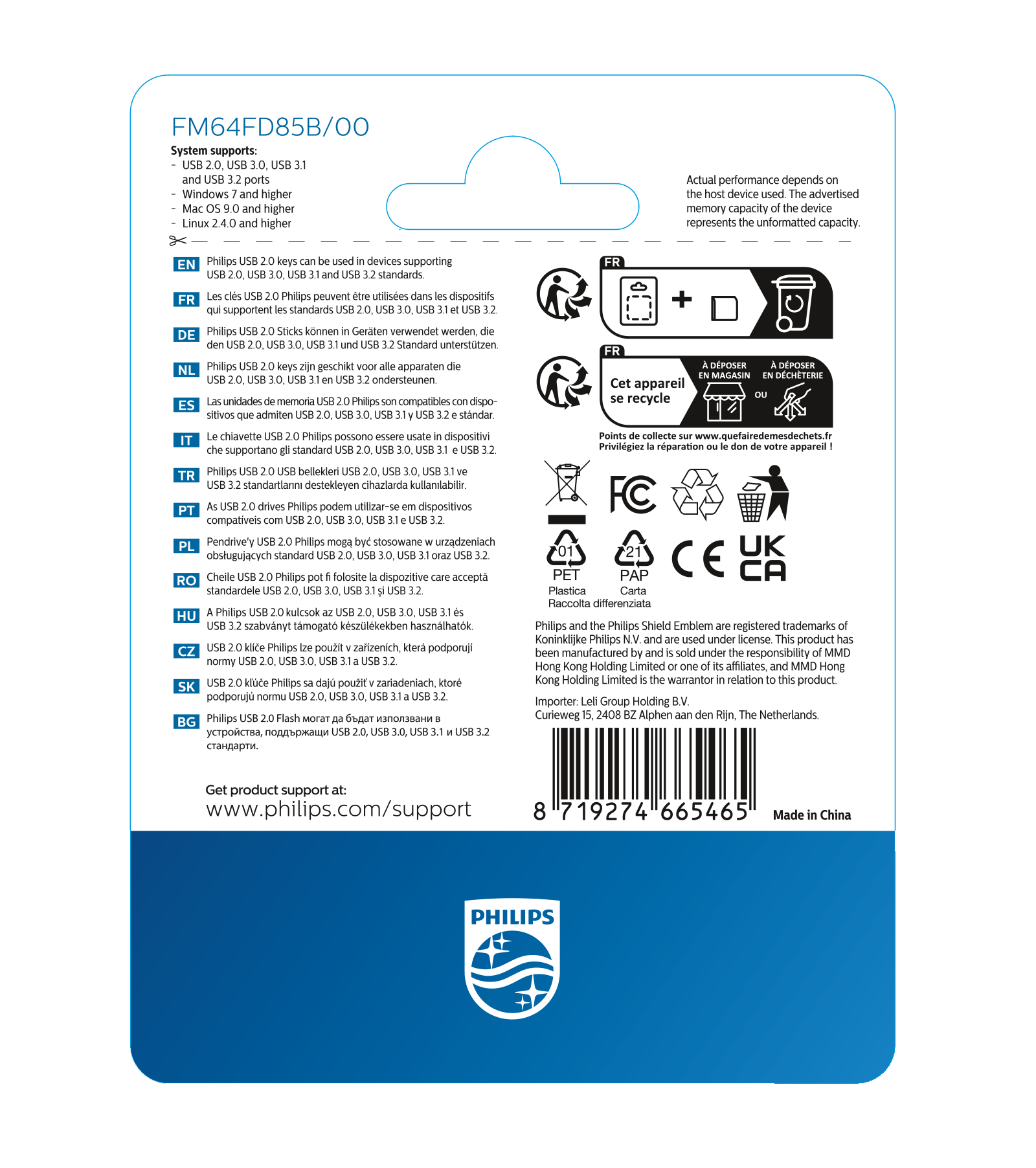 Achterkant van Philips USB-stickverpakking met specificaties, recycling symbolen en streepjescode.