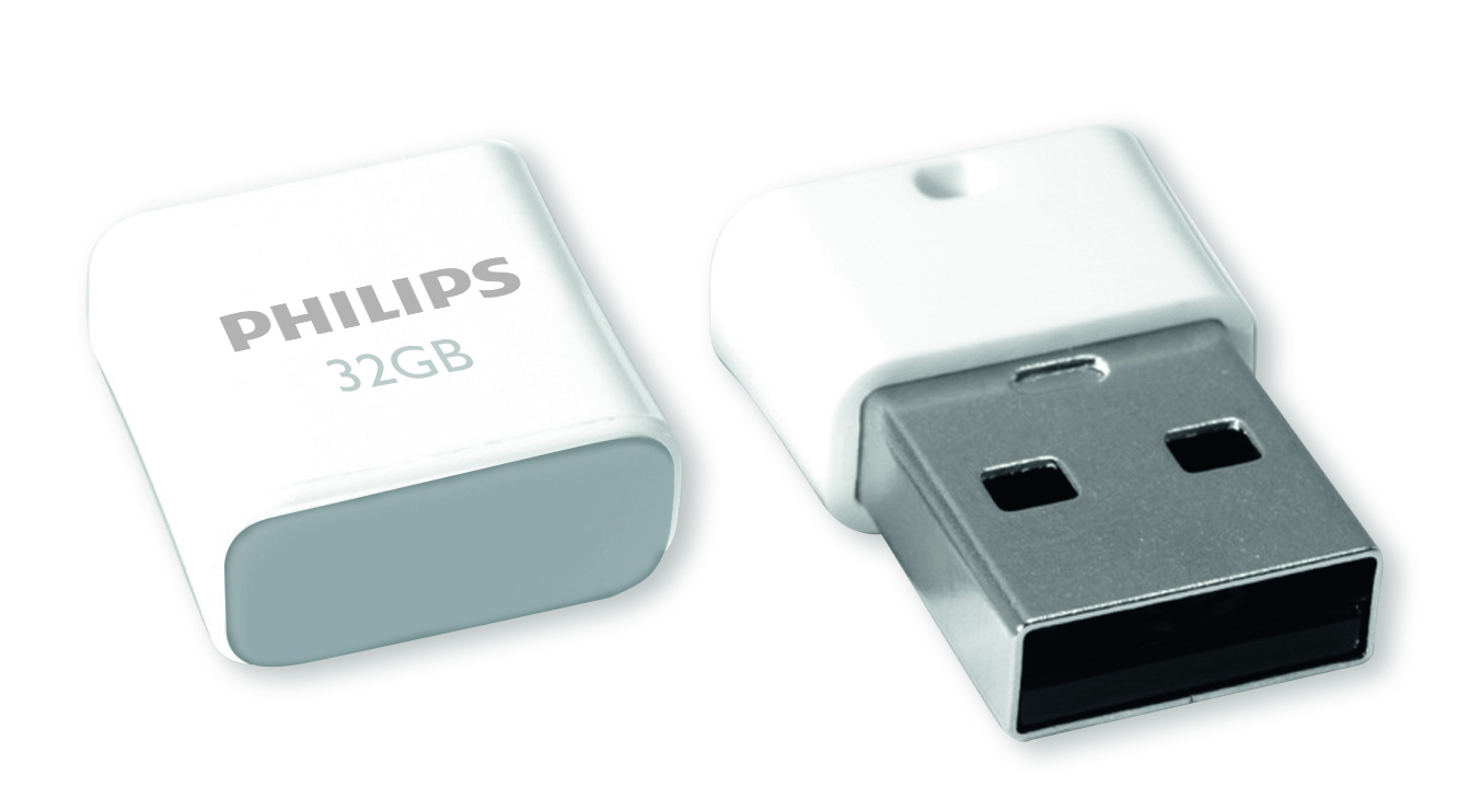 Twee witte Philips 32GB USB-flashdrives op een witte achtergrond.